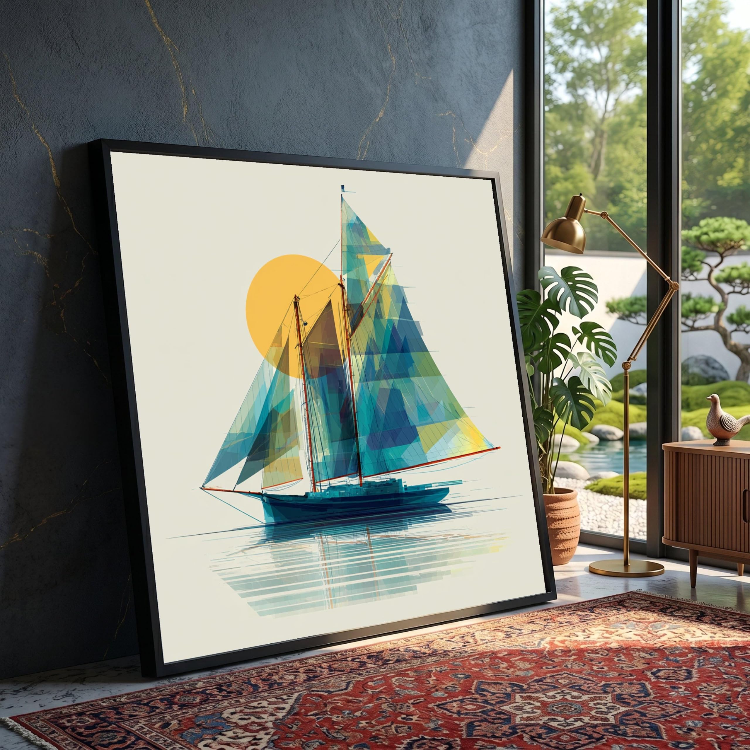 LMYCHENG Sailboat Wall Art, Nautical Ocean Scene Painting, Geometric Sailboat Canvas Print, Blue and Yellow Sea Canvas(20x20cm/Frameless)