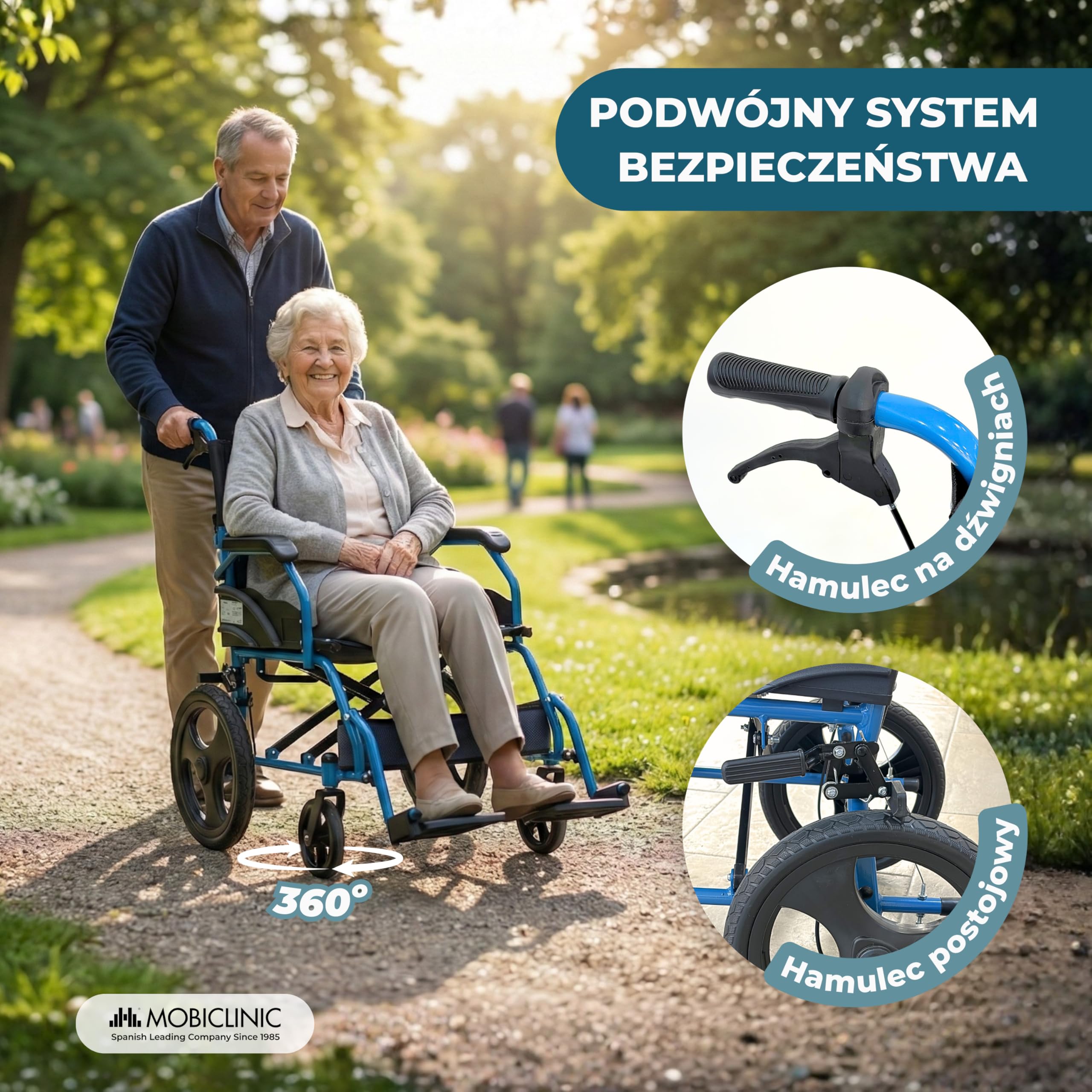 Mobiclinic®, Składany Wózek Inwalidzki, Wózek Inwalidzki Transit, Składane Oparcie, Składane Podnóżki, Podwójny System Hamowania, Wzmocniona Stal, do 100 kg, Lekki i Kompaktowy, Faraón