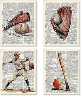 KSDUT Retro Baseball Wall Decor Art Set of 4 - Vintage Artwork Poster Prints Gym Club Wall Decor Baseball Gifts Wall Art for Office Games Sports Room Decorations - 8"x10" Unframed