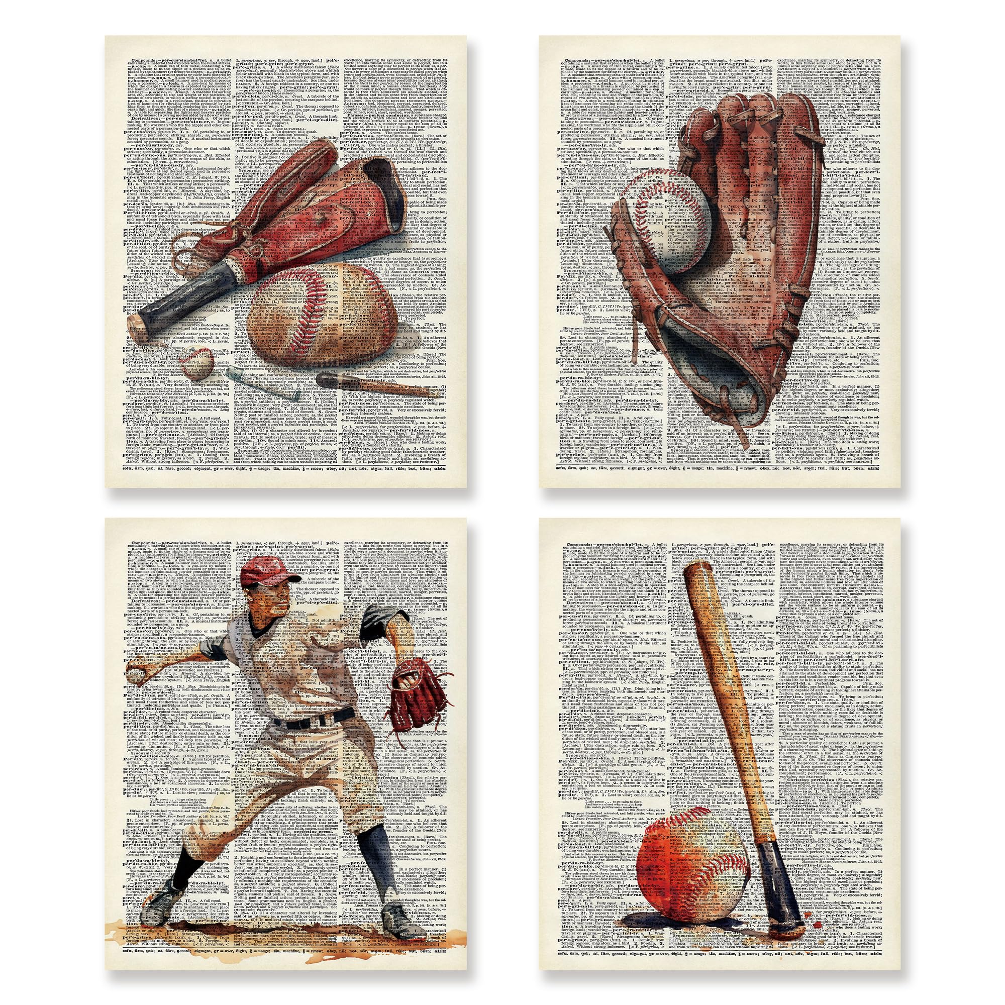 KSDUT Retro Baseball Wall Decor Art Set of 4 - Vintage Artwork Poster Prints Gym Club Wall Decor Baseball Gifts Wall Art for Office Games Sports Room Decorations - 8"x10" Unframed