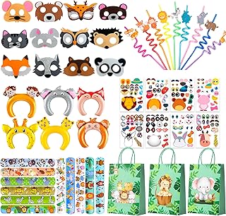 Jungle Animal Party Favors, 72pcs All-in-OneJungle Safari Party Favors Set - Safari Gift Bags Slap Bracelet Masks Stickers etc Animal Themed Party Favors for Safari Birthday Decorations