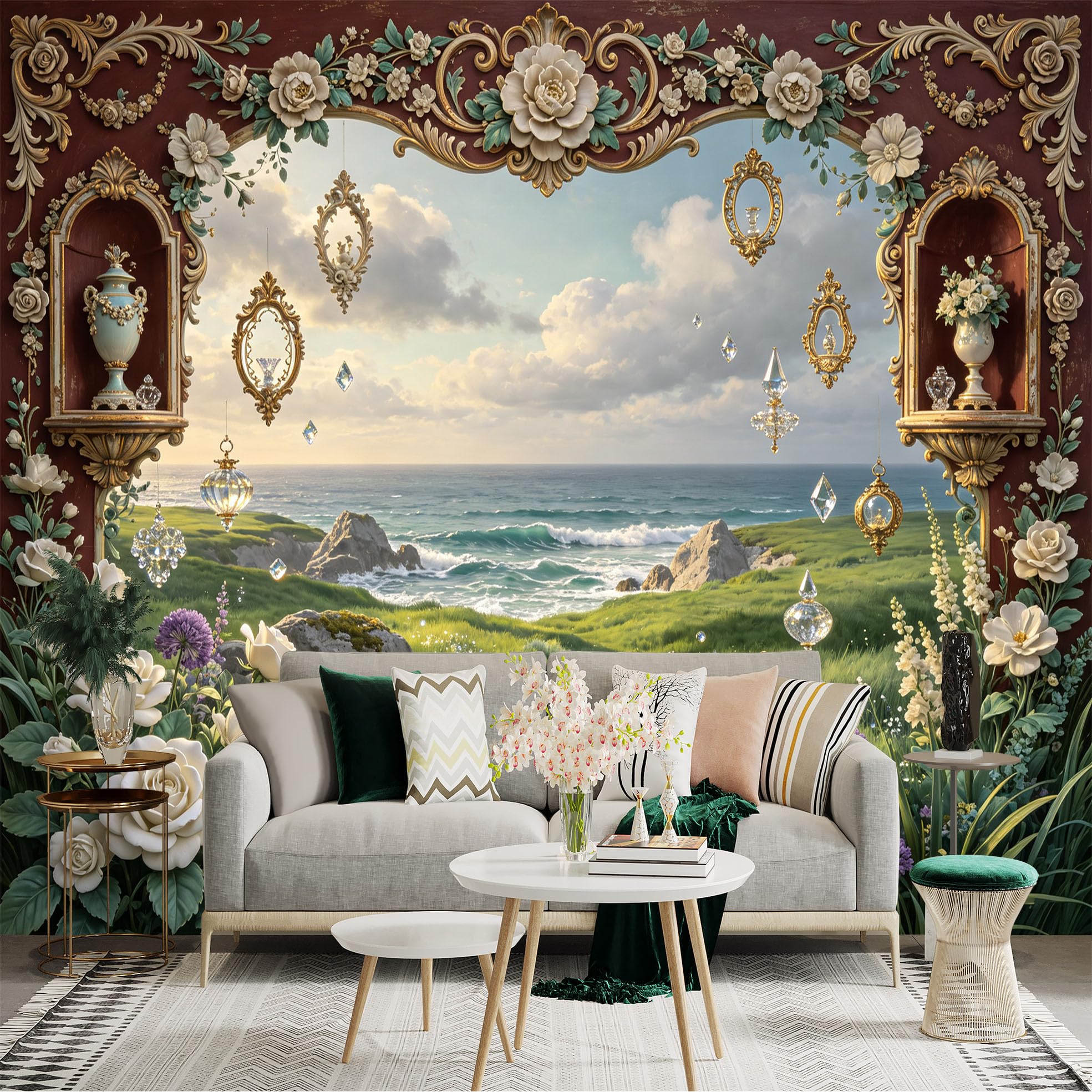 Lnzczhyre Bh260719732 Custom Size Wall Sticker Mural， Baroque Floral Archway， Coastal Meadow Scenery， Vintage Style Clock， Elegant Hanging Ornaments， For Wall Decoration， Peelandstick Wall Decals.