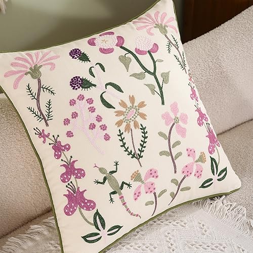 Miniatura 3 de Tosleo Fundas de almohada decorativas de 18 x 18 pulgadas, paquete de 2 fundas de almohada de algodón con flores rosas bordadas de Gecko, fundas de