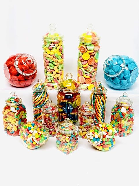 14 Retro Mixed Plastic Sweet Jars for Pick & Mix, Victorian Sweet Shop, Candy Buffet Kit, Party Pack