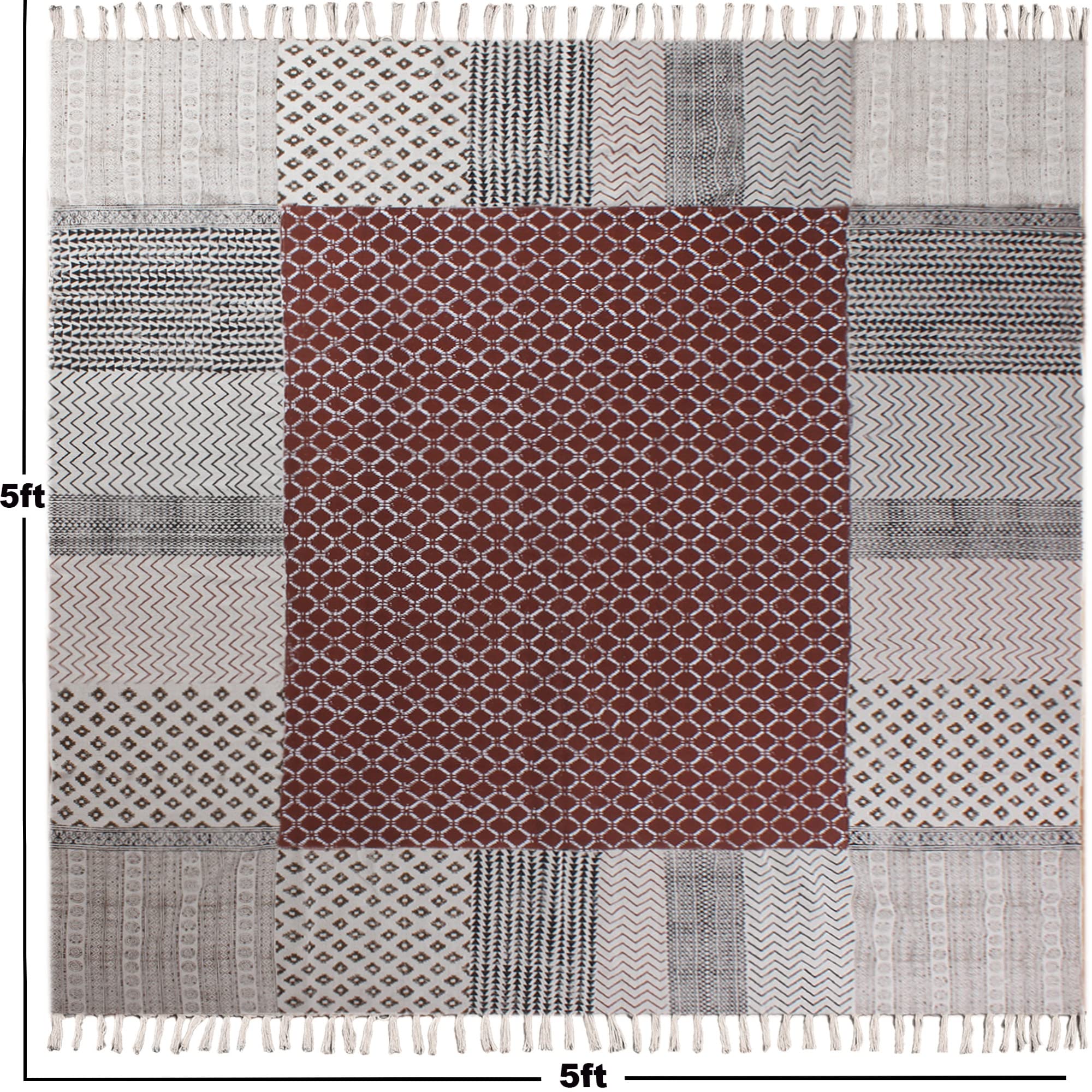 Tapis Kilim 152 x 243 cm en coton motif géométrique Dhurrie facile lavable à la main Tapis à tissage plat pour salon, chambre à coucher Marron et beige 0,5 cm