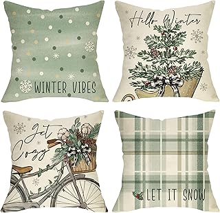 Hello Winter Vibes Green Decorative Throw Pillow Covers 16x16 Set of 4, ...