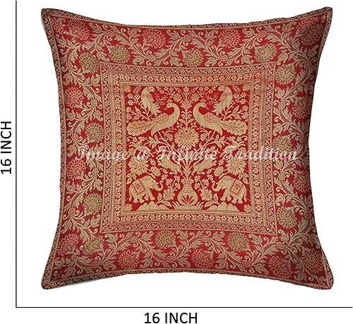 Miniatura 2 de Juego de 4 fundas de almohada de brocado indio para sala de estar 16 x 16 pulgadas tejido jacquard dorado granate decoración del hogar patrón de