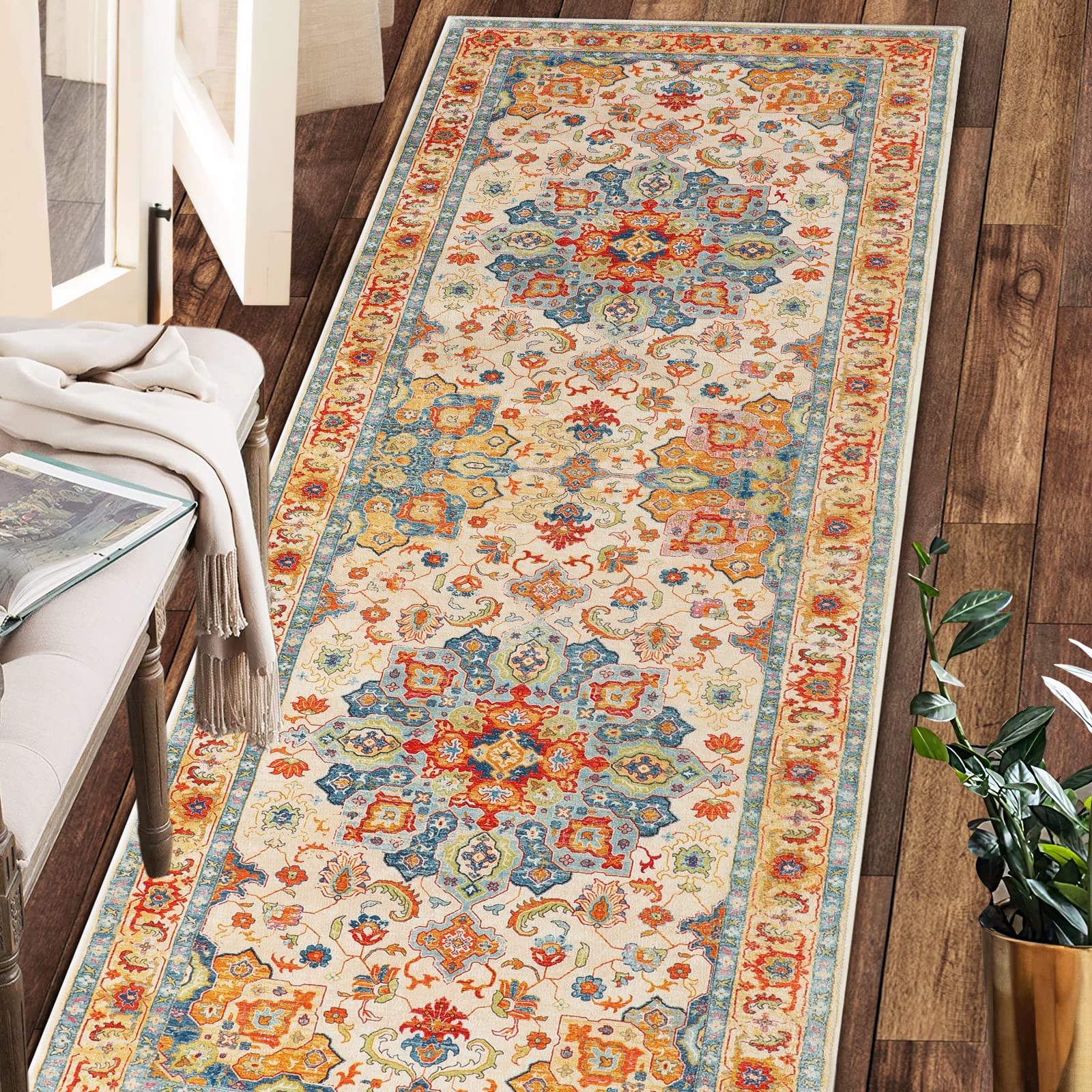 COMSLE Boho Runner Rug, 2' x 6' Washable Area Rugs for Hallway Faux Wool Small Distressed Indoor Door Mat Non-Slip Laundry Room Kitchen Carpet for