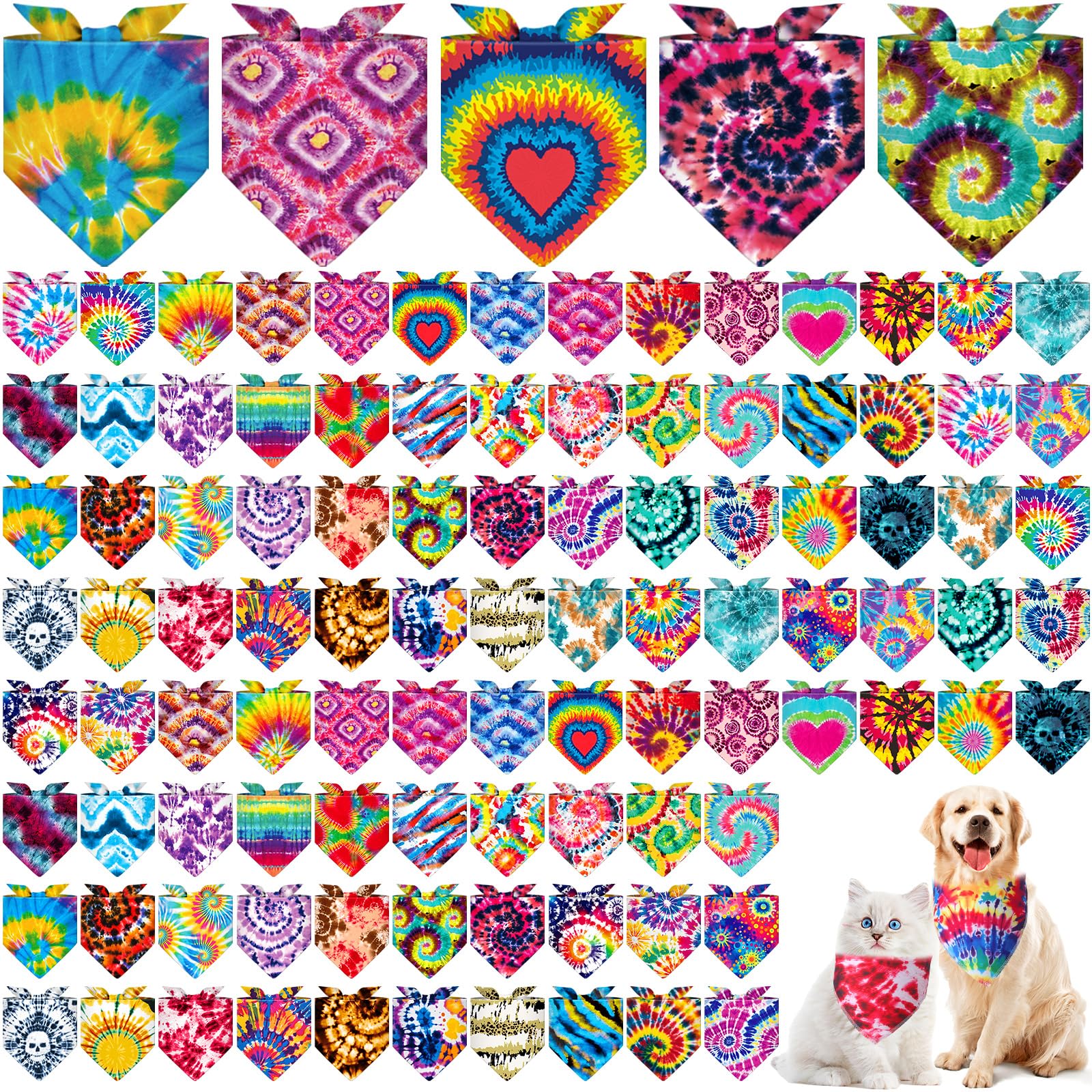 Paterr 100 Pieces Dog Bandanas Bulk Tie Dye Pet Handkerchief Soft Dog Triangle Bibs Cute Kerchief Adjustable Washable Pet Scarf Costume Accessory for Small Medium Dogs Puppy Cats