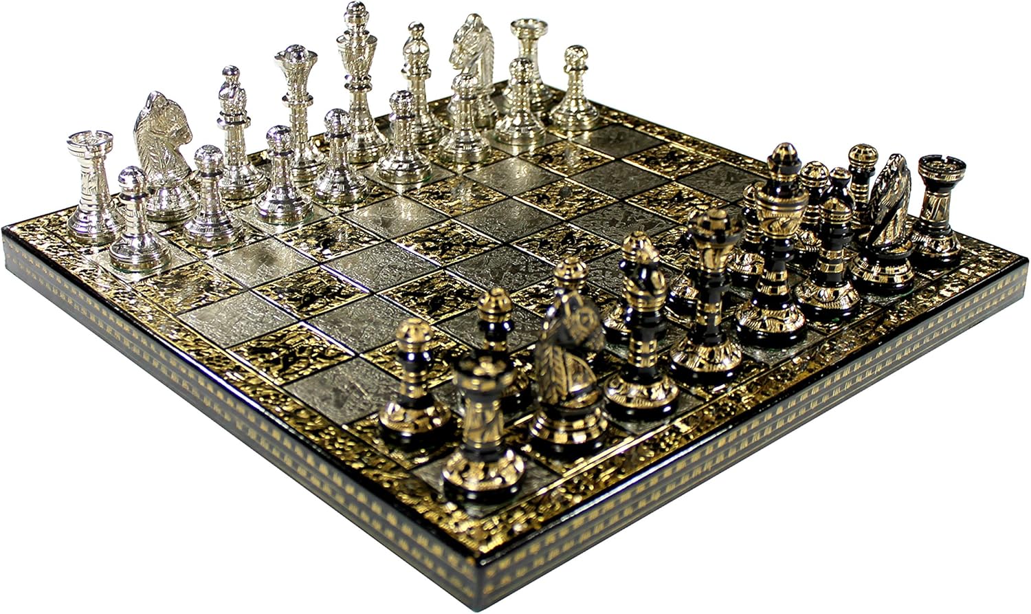 StonKraft Brass Chess Board Game Set with 100% Brass Chess Pieces Chessmen Coins (12" x 12" Inches)