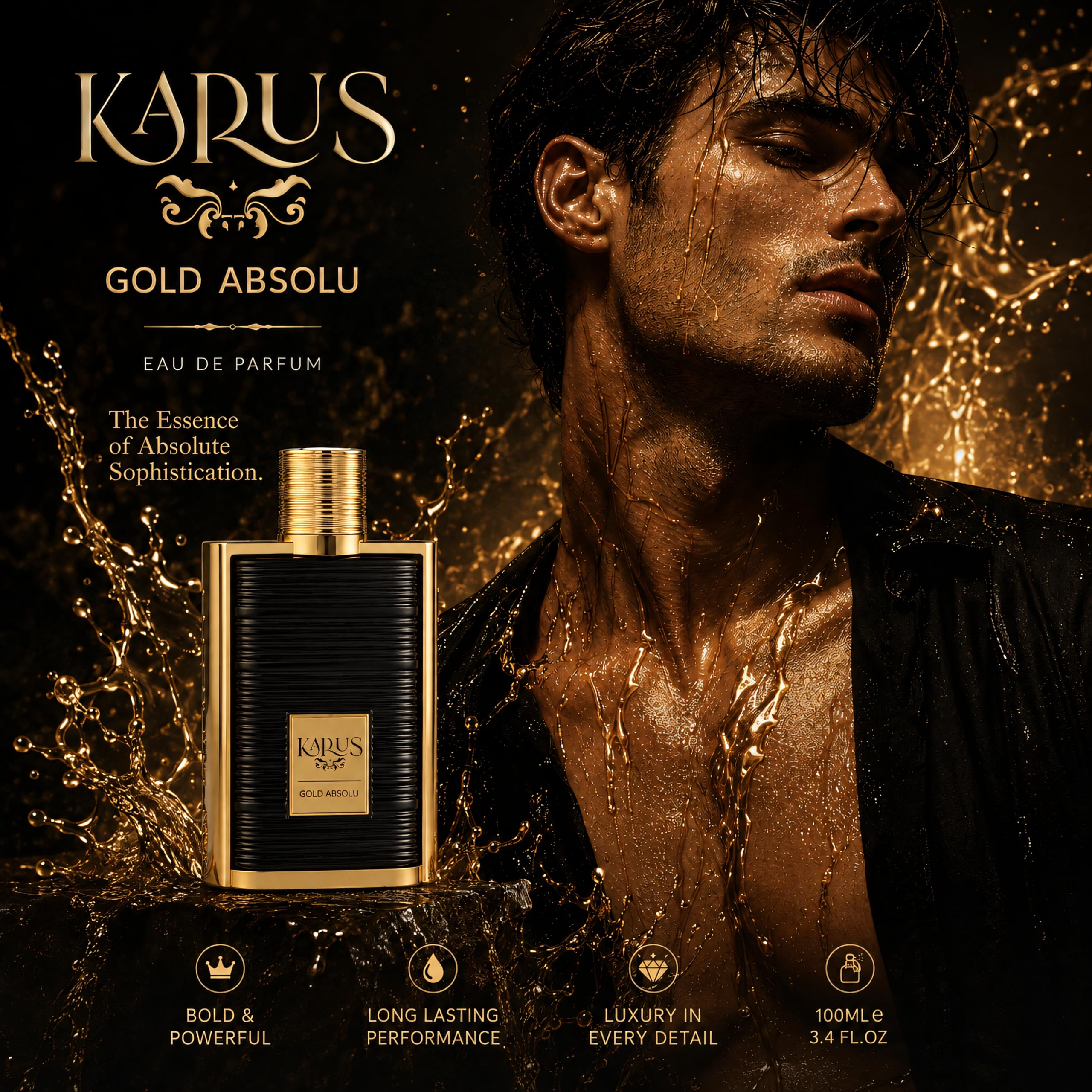 Khadlaj Karus Gold Absolu 100 ml Eau de Parfum Spray Unisex | Bergamotte & Schwarze Johannisbeere, Herz von Veilchen und Jasmin, Zedern- und Tonka-Grundierung, blumig, fruchtig, holzig