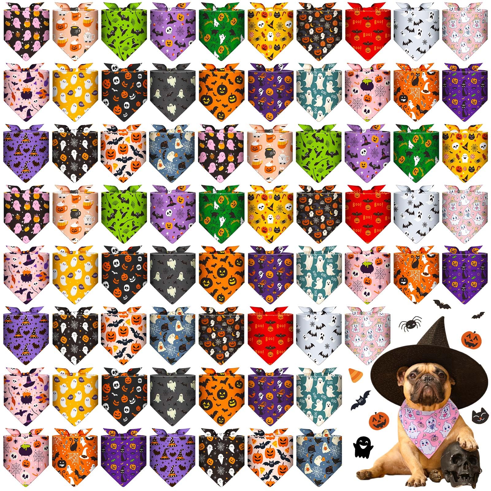 Locmeo 72 Pack Halloween Dog Bandanas Bulk Triangle Pet Scarfs with Pumpkin Skeletons Bat Ghost, Adjustable Bib Scarf Handkerchief Holiday Pet Bandana Costume Accessories for Small Medium Large Dogs