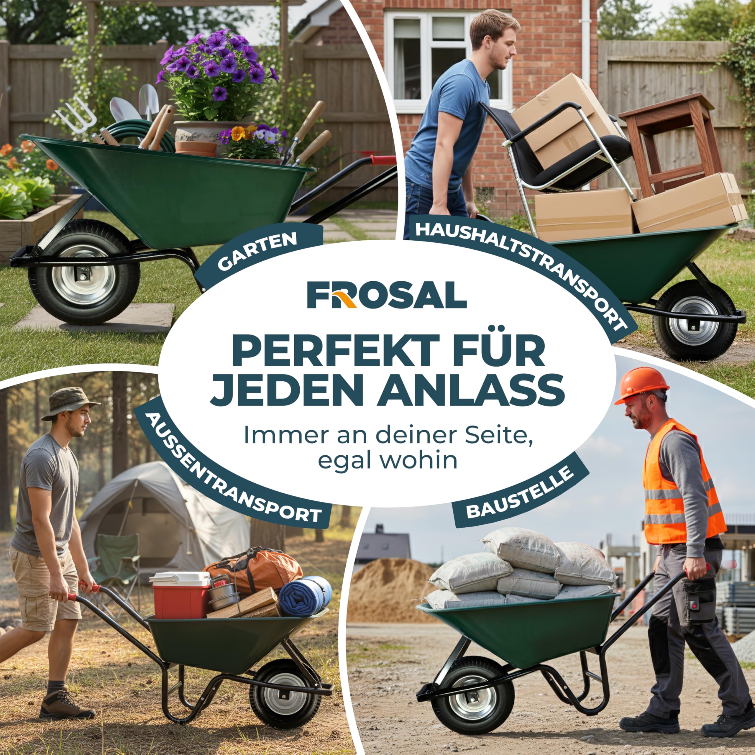 FROSAL PU Schubkarrenrad 400 mm pannensicher – Ersatzrad 4.80/4.00-8 mit 20 mm Achse – Ø ca. 380–400 mm, Breite ca. 100 mm, Stahlfelge silber mit Kugellager