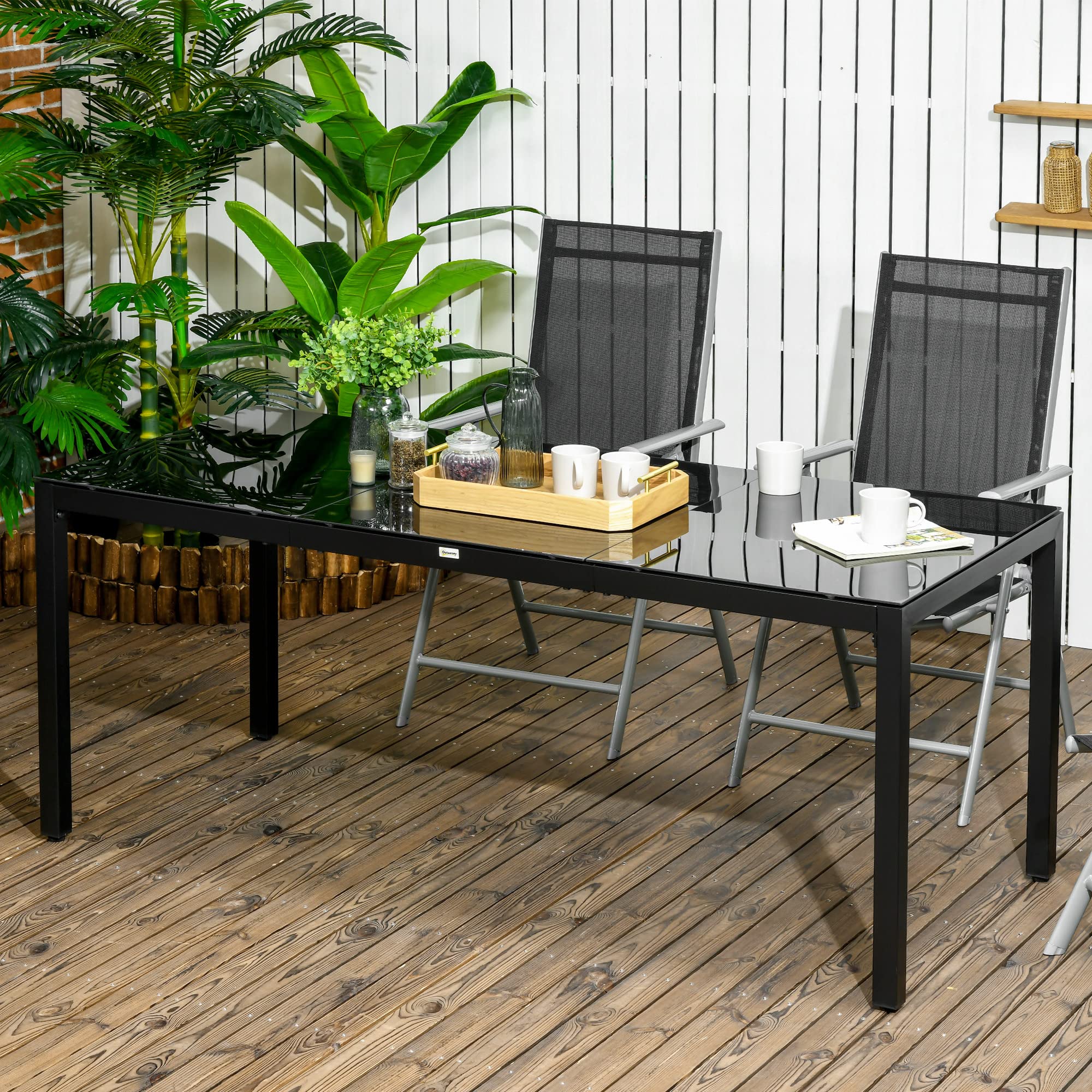 Outsunny Table de Jardin rectangulaire en Verre trempé Aluminium 180x80x72 cm Noir