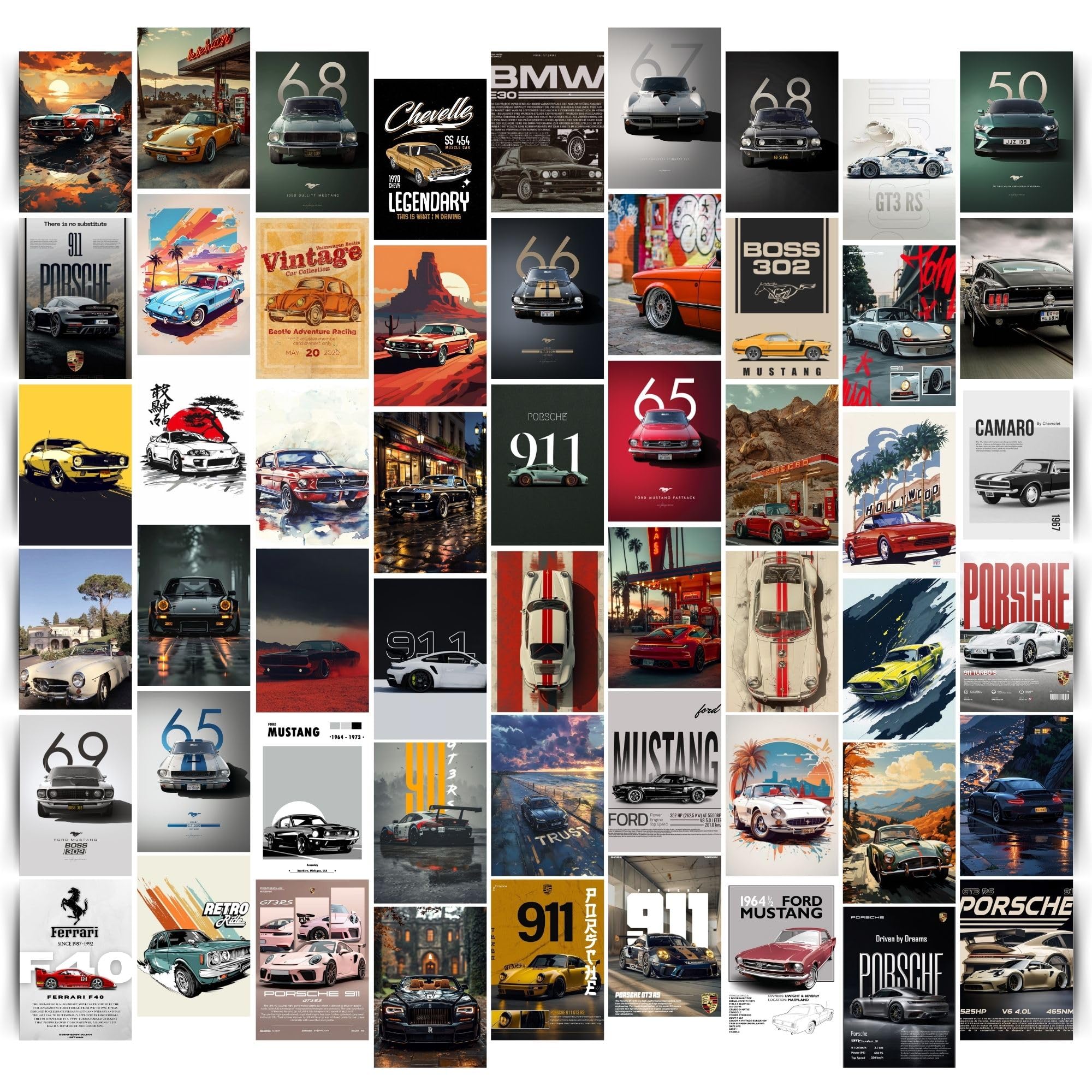 Posters Inc Vintage Car Wall Posters Set of 54 A6 (4x6 Inch) Mini Prints | Classic Retro Car Collage Kit for Room, Garage & Office | 300 GSM Matte Photo Paper, Glue Dots Included | Antique Automobile Wall Art Decor