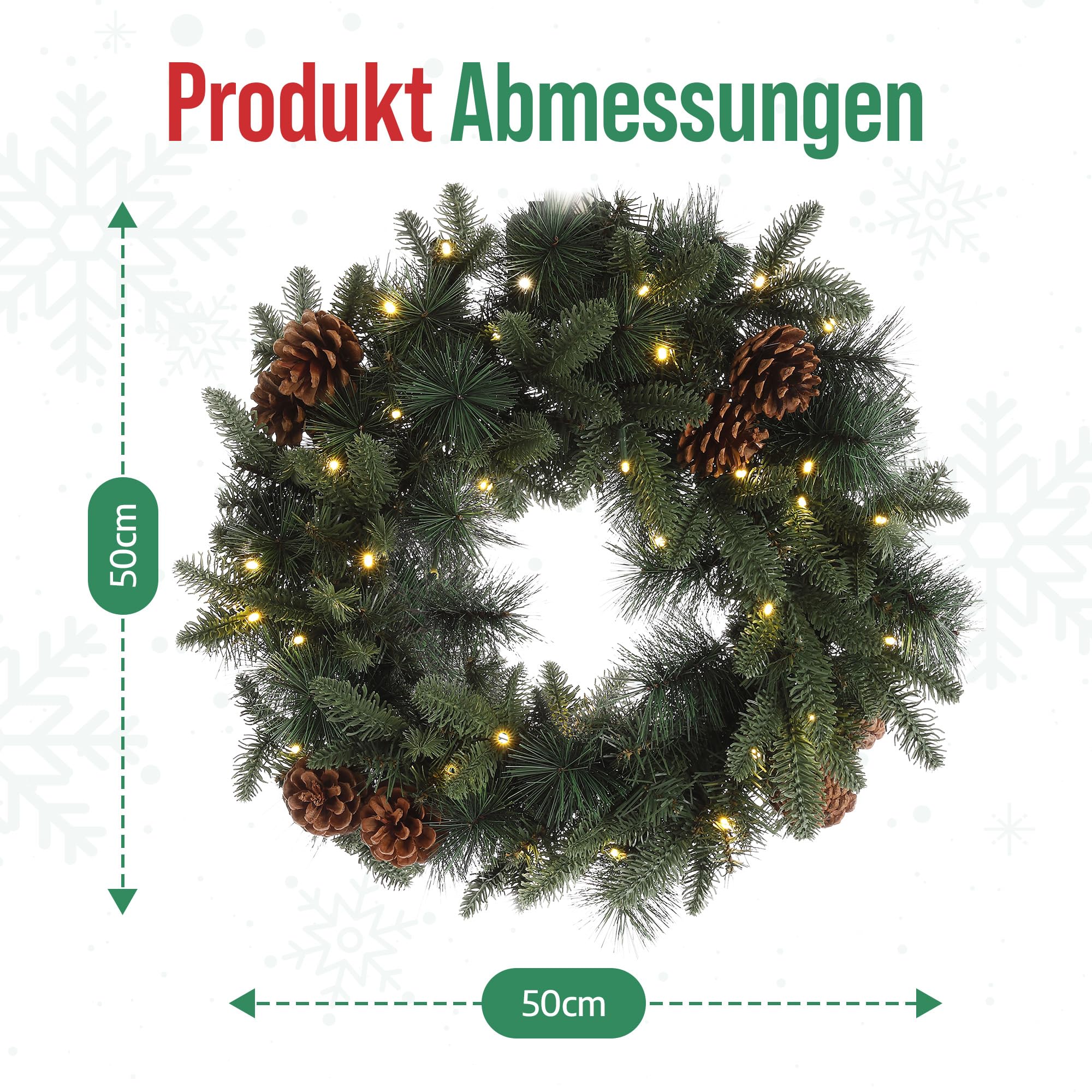 MeisterHome ® Künstlicher Weihnachtskranz Adventskranz für Tür Ø 50 cm - Weihnachtlicher Türkranz für Innen und Außen mit 35 LEDs, Timer und Kiefernzapfen-Beeren-Dekoration + Goldfarbener Aufhänger