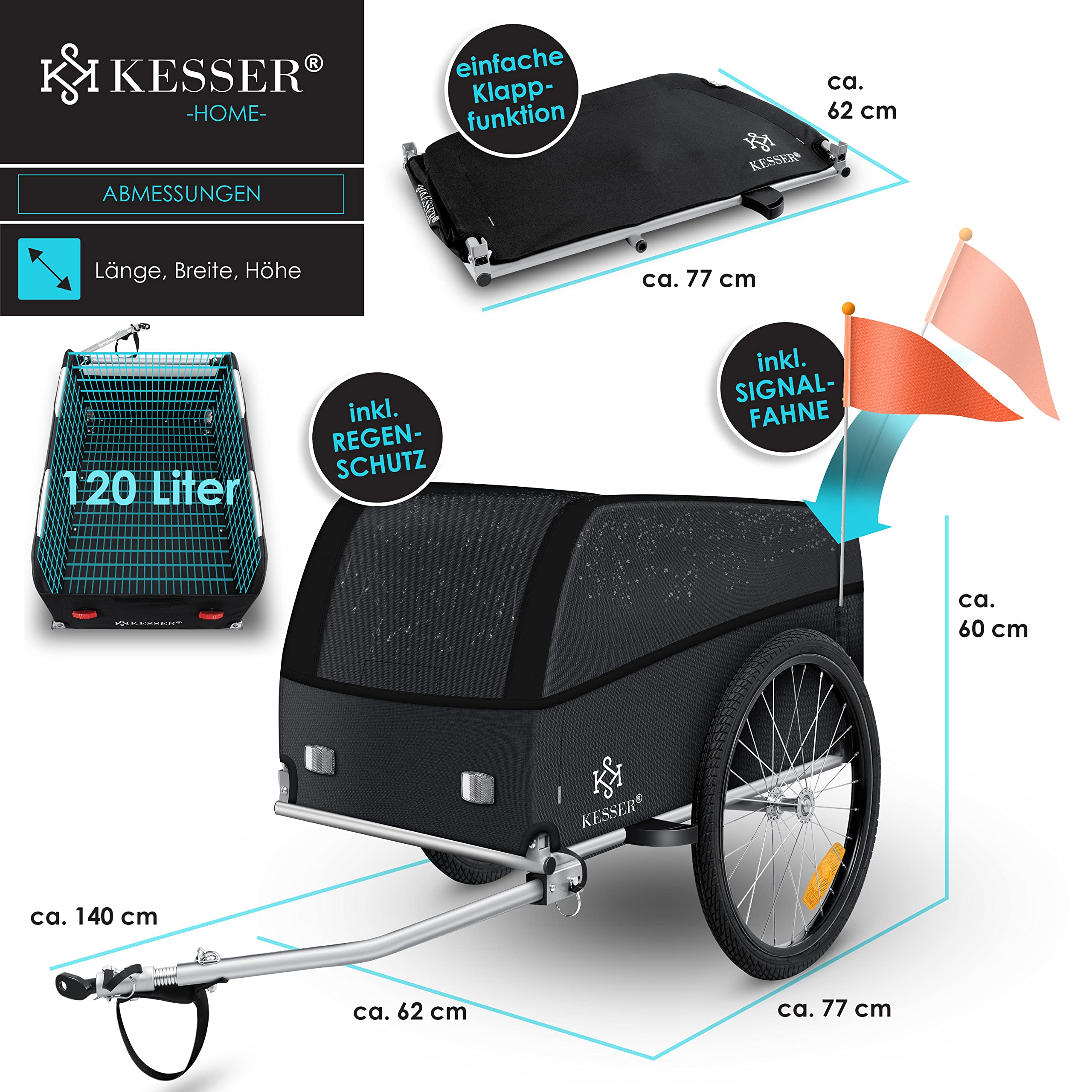 KESSER® Fahrradanhänger Lastenanhänger Transportanhänger Hochdeichsel mit Kupplung, Inkl. Abdeckung Klappfunktion Hochdeichsel Anhänge für Fahrrad Transportbox mit 120 Liter