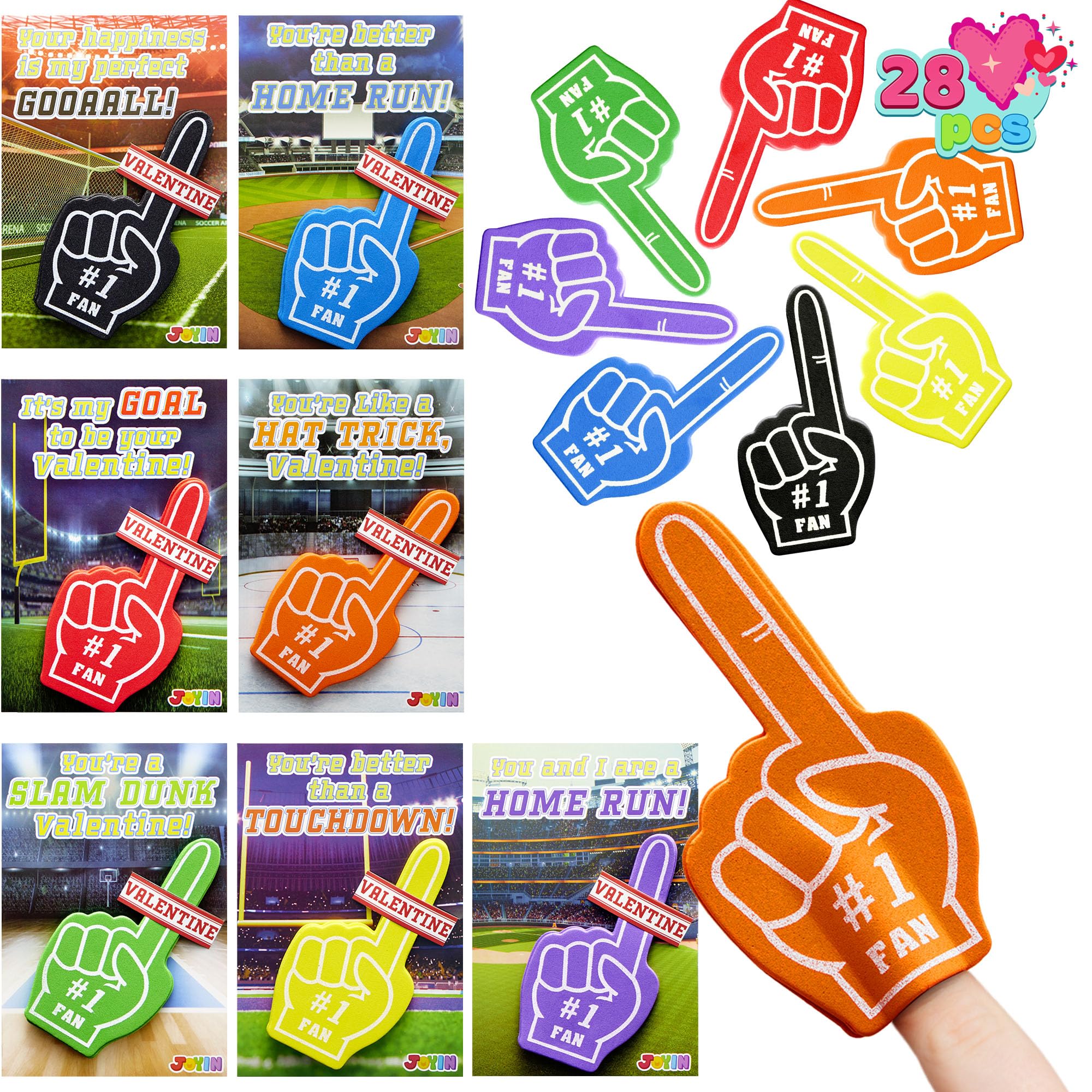 JOYIN 28 Pcs Valentines Day Foam Fingers with Cards for Kids, Valentine’s Gre...