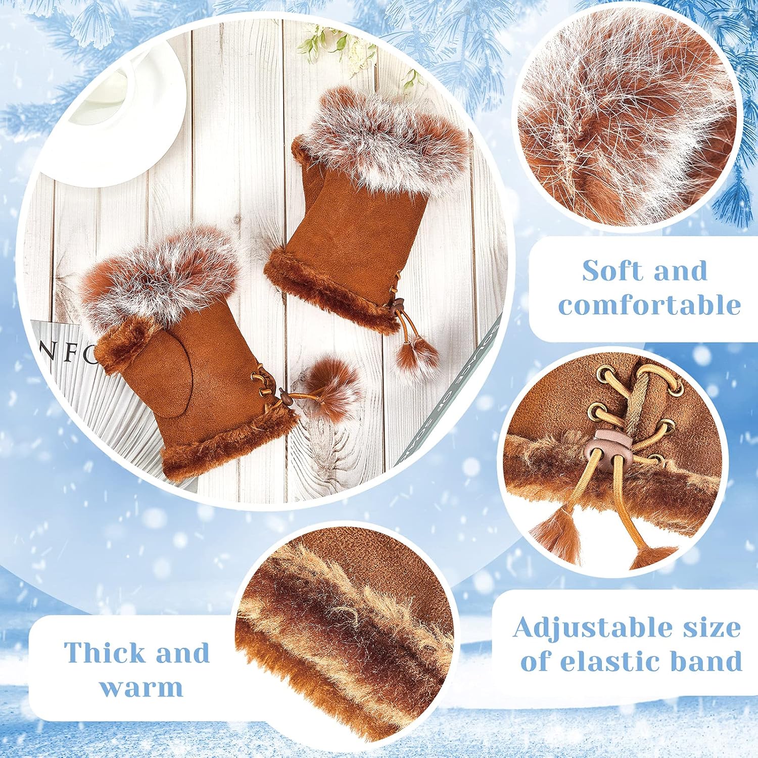 SATINIOR Women Fur Fingerless Gloves Winter Rabbit Fur Lined Half Finger Mittens for Women Girls Teen Working Writing - Image 3