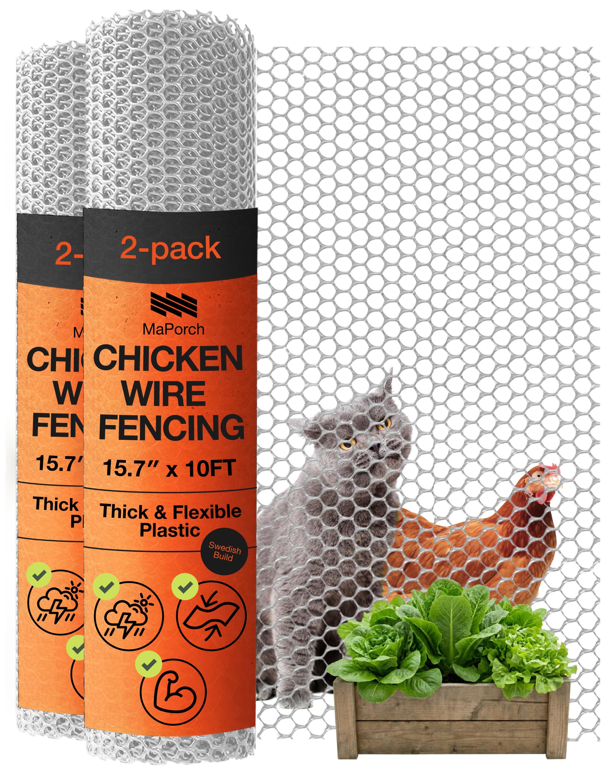 maporch plastic chicken wire mesh fence - white mesh, 15.7 in x 10 ft, 2-pack - quick-install chicken wire fencing - plant protectors from animals - durable garden netting - pet & poultry netting