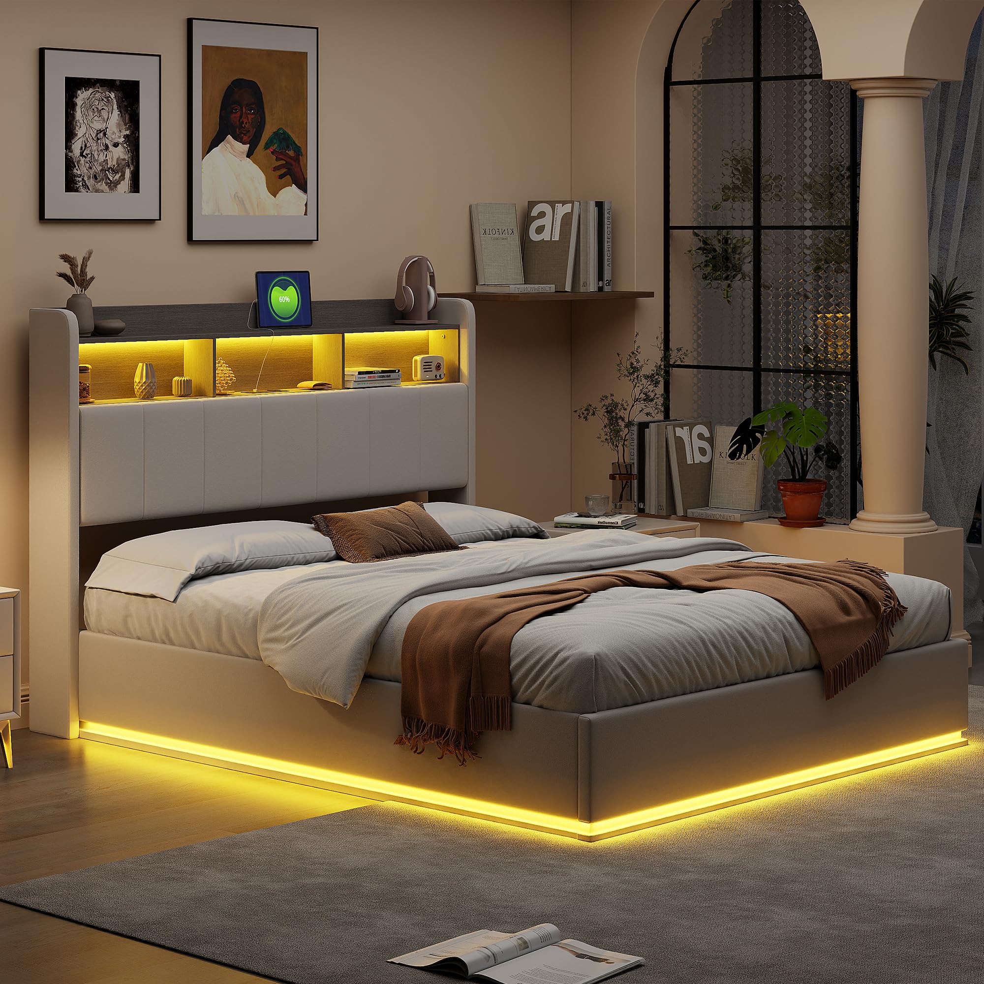 Cama tapizada de 140 x 200 cm con espacio de almacenamiento hidráulico, cama doble con LED y estación de carga USB, cama juvenil de 140 x 200 cm, marco de cama con somier, cama de