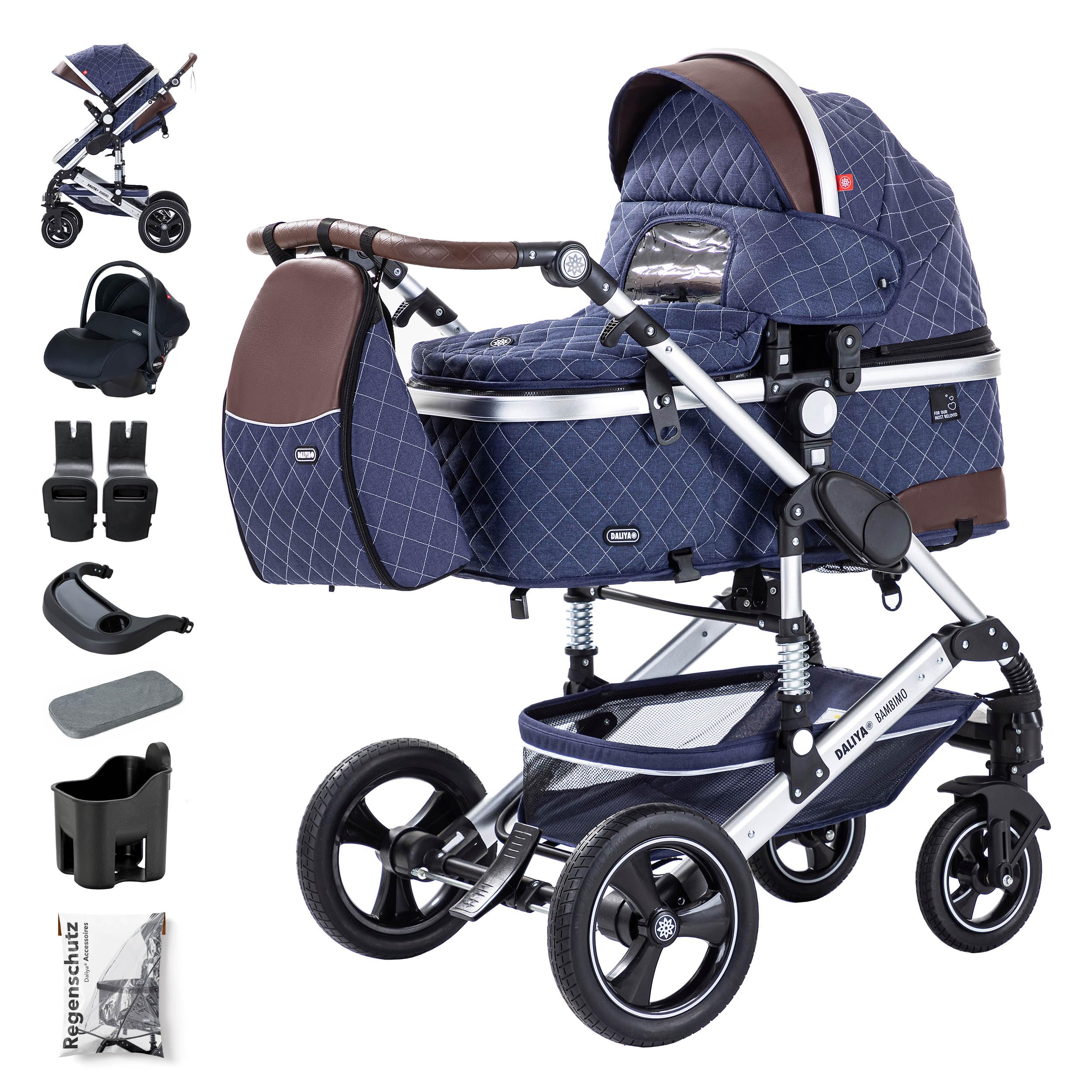 Daliya Kombi-Kinderwagen BAMBIMO 3in1 | Auto-Babyschale & Adapter, XXL-Set inkl. Wickeltasche & Spieltisch