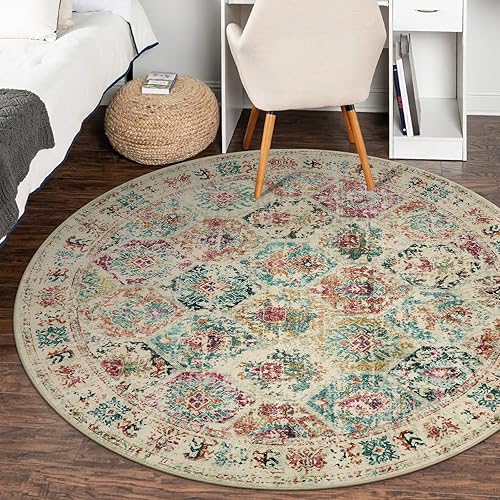 Miniatura 2 de Lahome Alfombra redonda de 5 x 5 pies, lavable, para dormitorio, antideslizante, sala de estar, alfombra de área con estampado geométrico tribal de