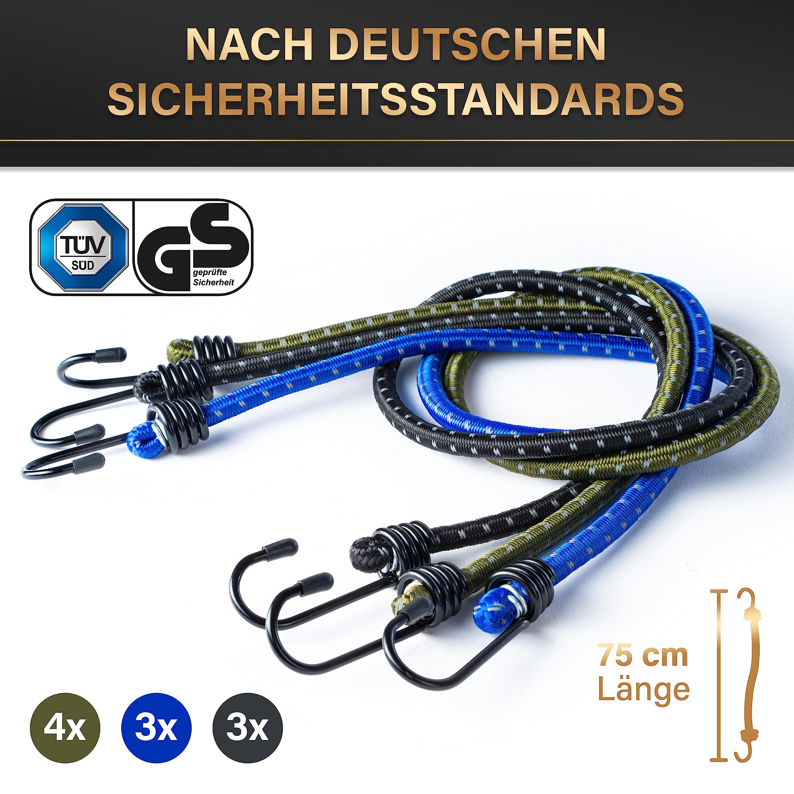 HELDENWERK Set di 10 espansori certificati TÜV/GS con ganci elastici in 30, 45, 75 e 100 cm, elastici con ganci per trasporto, campeggio e sicurezza, corda di tensione, tenditore in gomma e tenditore