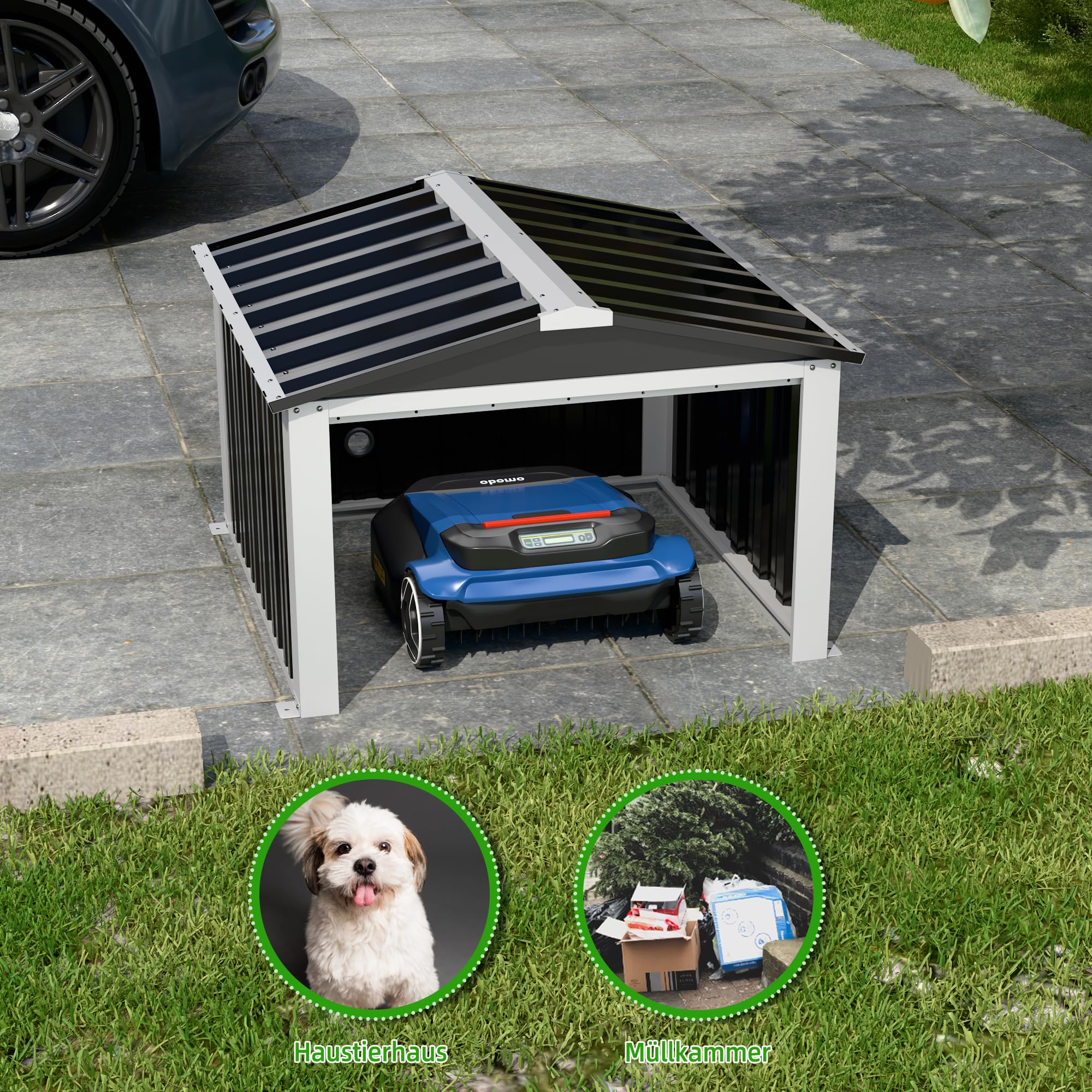 SUPEER Metall Mähroboter Garage mit Satteldach,H62cm*W90.5cm*D88.8cm Geräteschuppen Garten Metallschuppen für Rasenmähroboter,Überdachung für Mühroboter,Zimmer für Haustiere（schwarz）