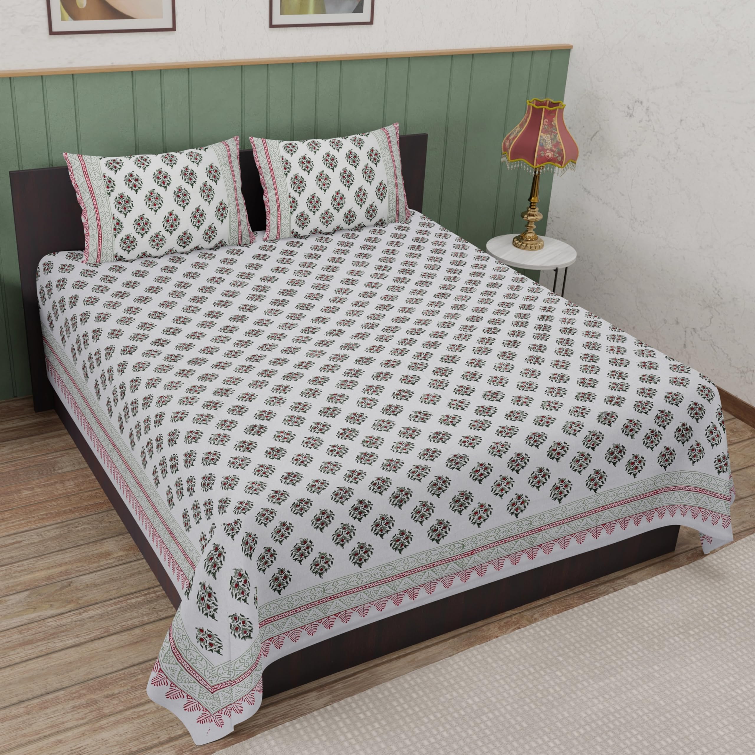 Peepul Tree Pure Cotton 180 TC Hand-Block Jaipuri Printed Double Bedsheet Set With 2 Pillow Covers | King Size | Hand Printed Geometric Design (Cypress Blue, King) (B0D3QGDVM7) Amazon Price History, Amazon Price Tracker