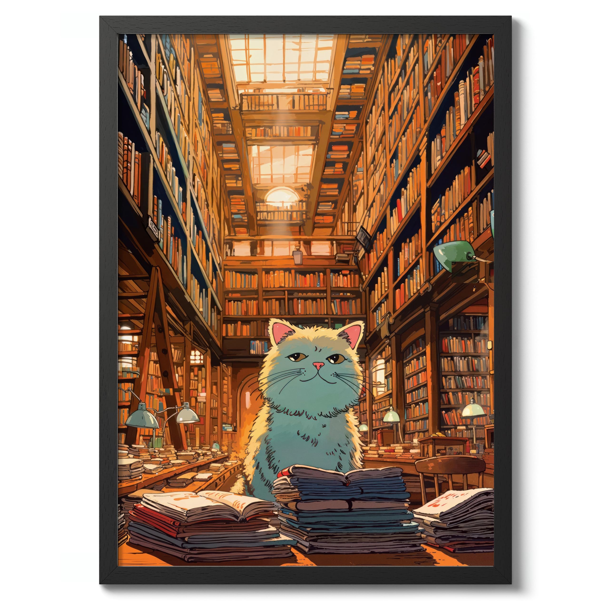 Library Cat Anime Woodblock Poster Modern Ukiyo-E, Cartoon Print, Japanese Illustration Wall Art Bedroom Home Decor, A2 (Black Frame) - 62.5x45.1cm โ image 1