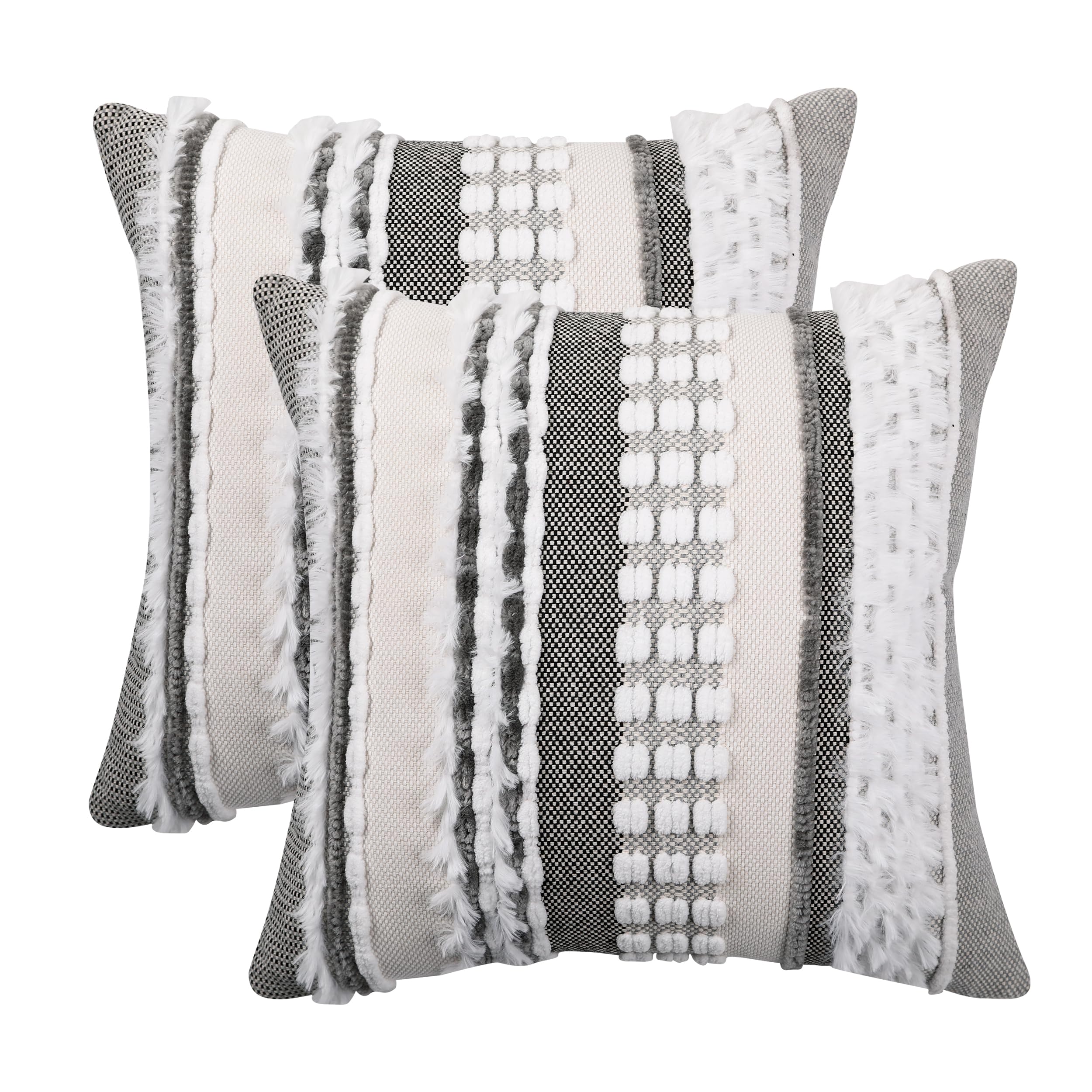 Boho Throw Pillow Covers 18x18 Inch Set of 2 White and Gray Striped Chenille Pillowcases with Soft Plush Square Decorative Cushion Covers for Sofa Couch Bed Living Room Farmhouse Decor