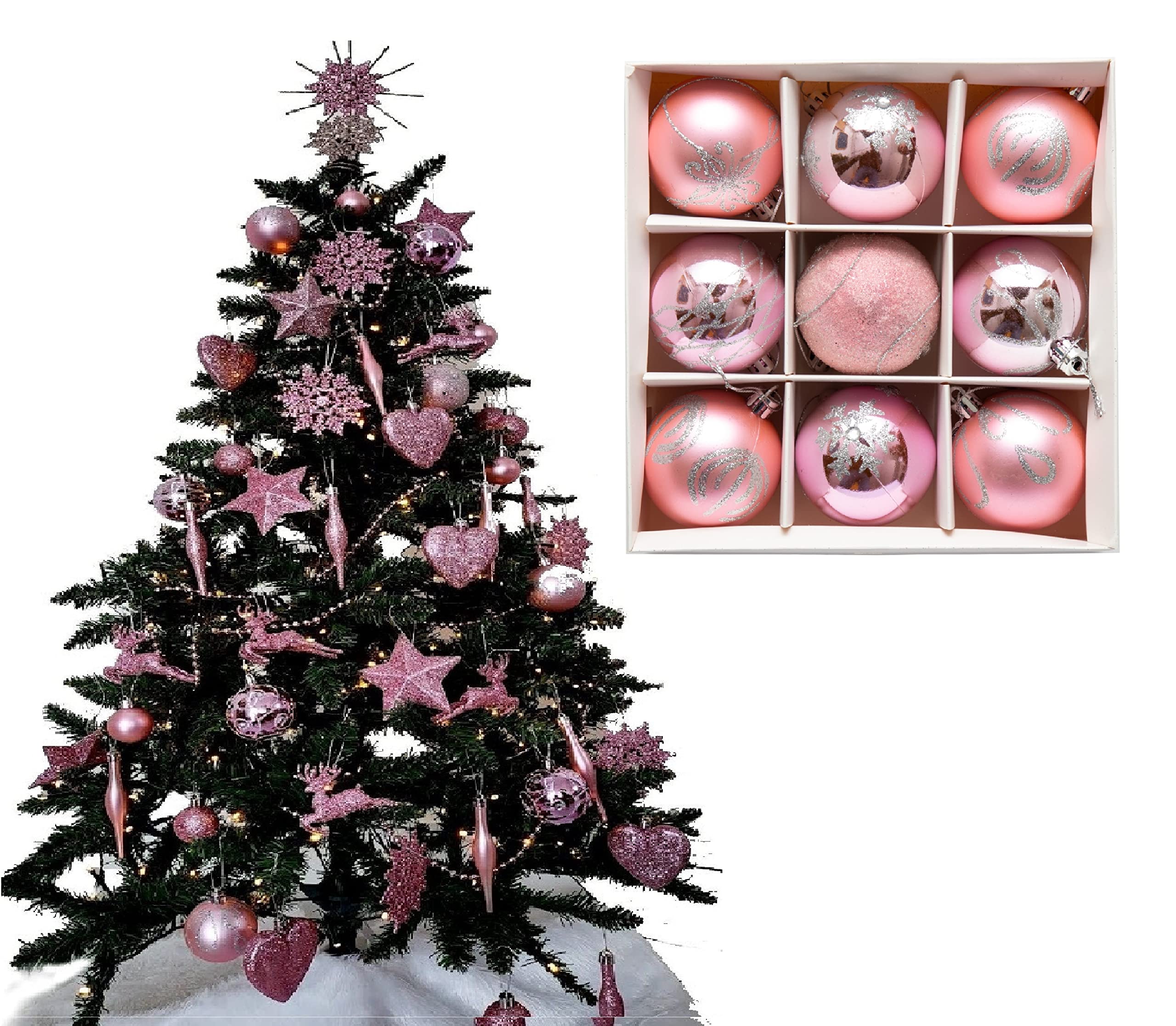9pc Luxury Premium Baubles, Christmas Tree Bauble Decorations Matte, Glitter, shiny & Frosted (6cm) (Blush)