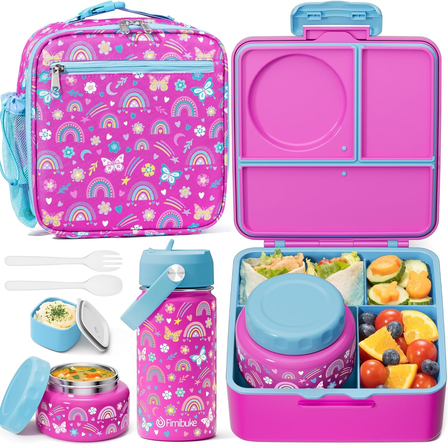 Fimibuke Kids Bento Lunch Box with Thermos, Leakproof Toddler Bento Box with 8.5 OZ Insulated Food Jar, Lunch Bag, Kids Water Bottle, 3 or 4 Compartment Container for Back to School Toddler Girls Boys