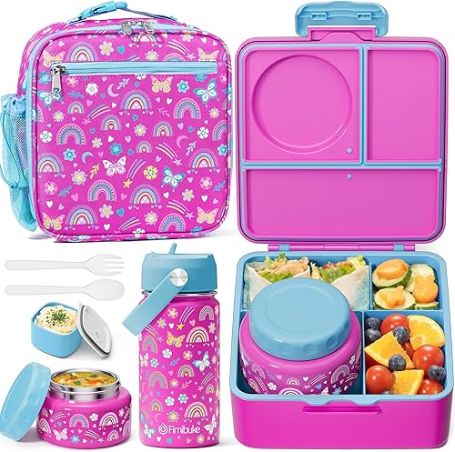 Fimibuke Lonchera Bento para niños, caja Bento a prueba de fugas con tarro de comida aislado de 8.5 onzas, bolsa de almuerzo, botella de agua para