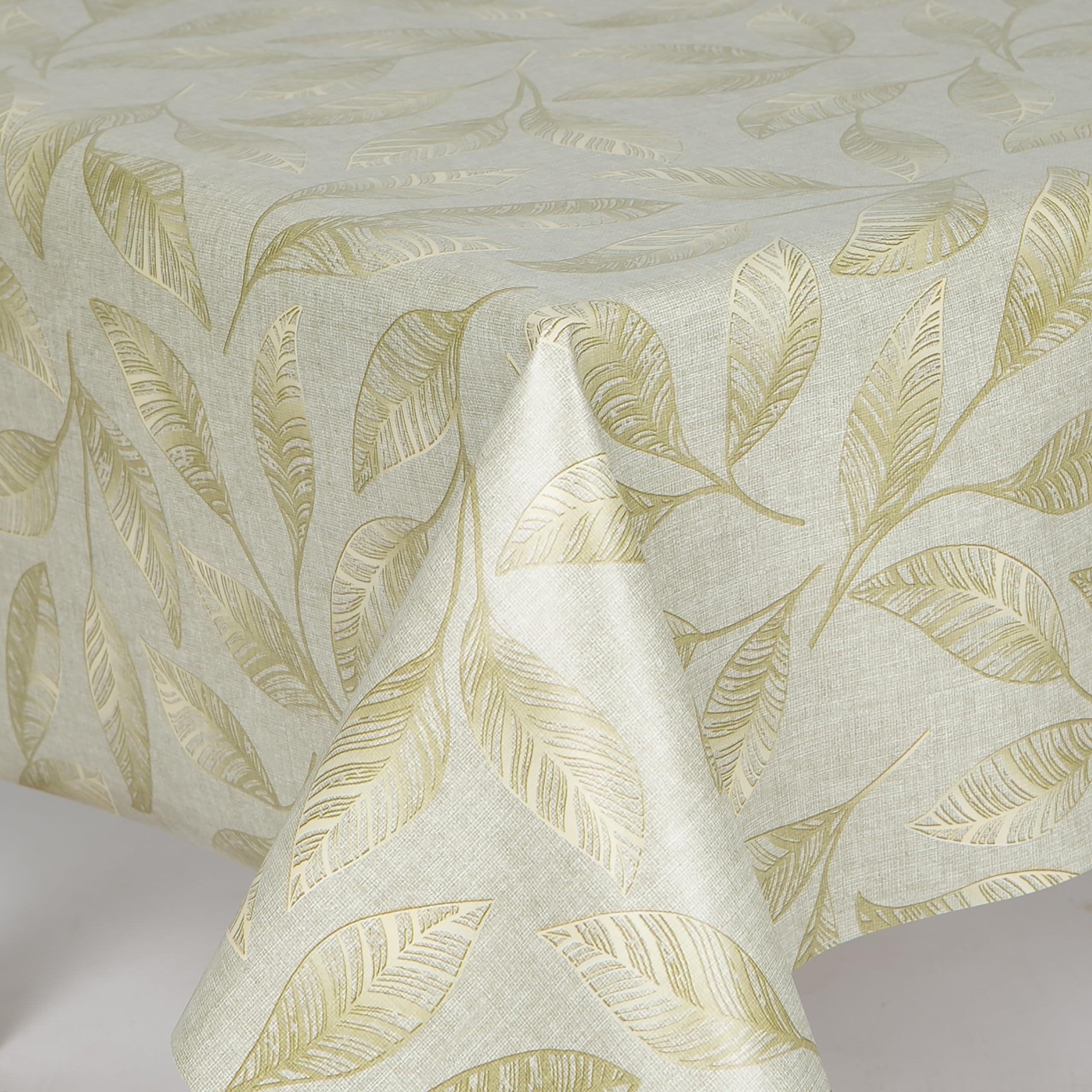 Home Expressions Gold Leaves on a Beige Ground Wipe Clean Vinyl Table Cloth/Protector Textile Backing (Oval 137cm x 229cm)
