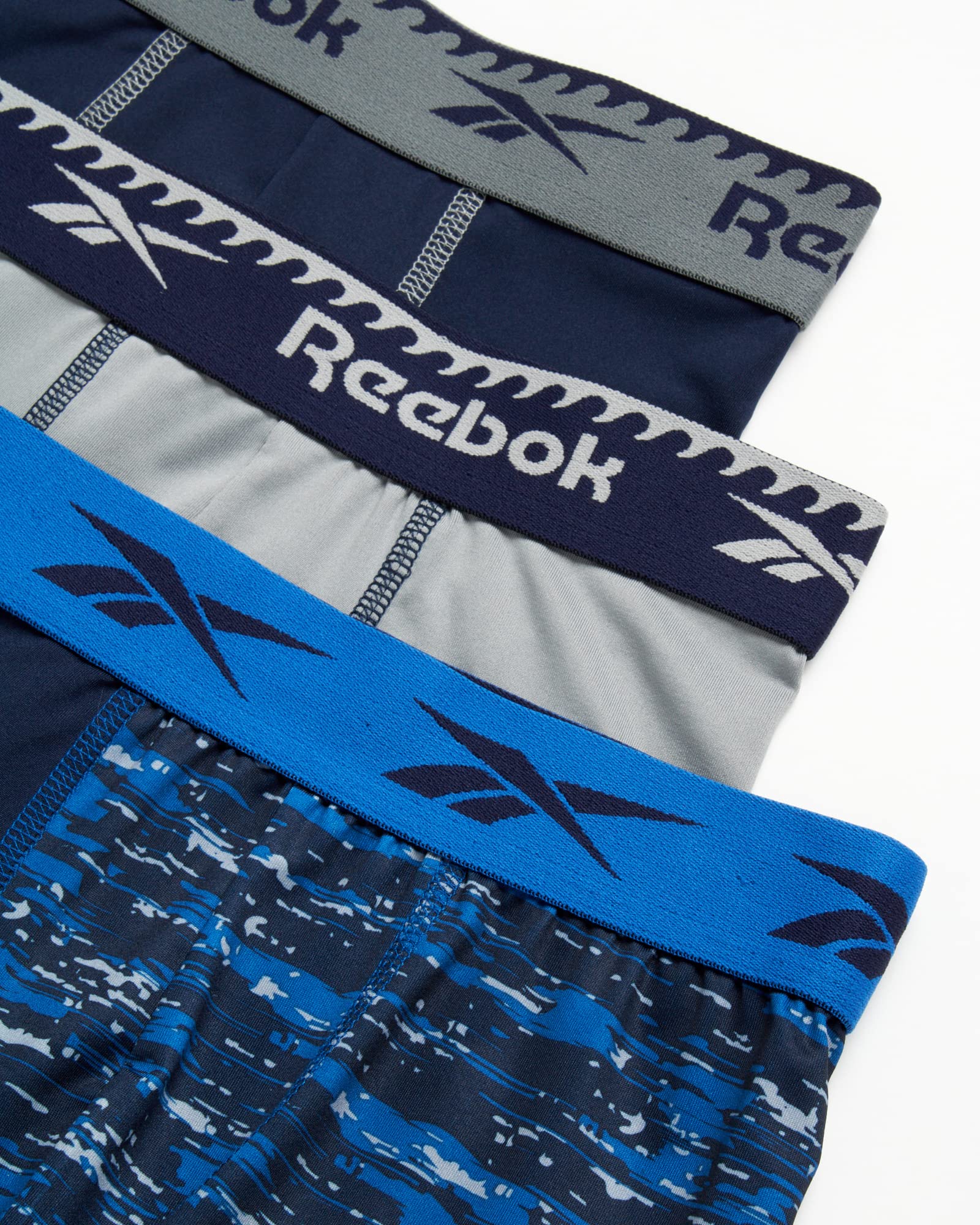 Reebok Boys? Underwear ? Long Leg Performance Boxer Briefs (3 Pack), Size Medium, Blue Print/Grey/Navy