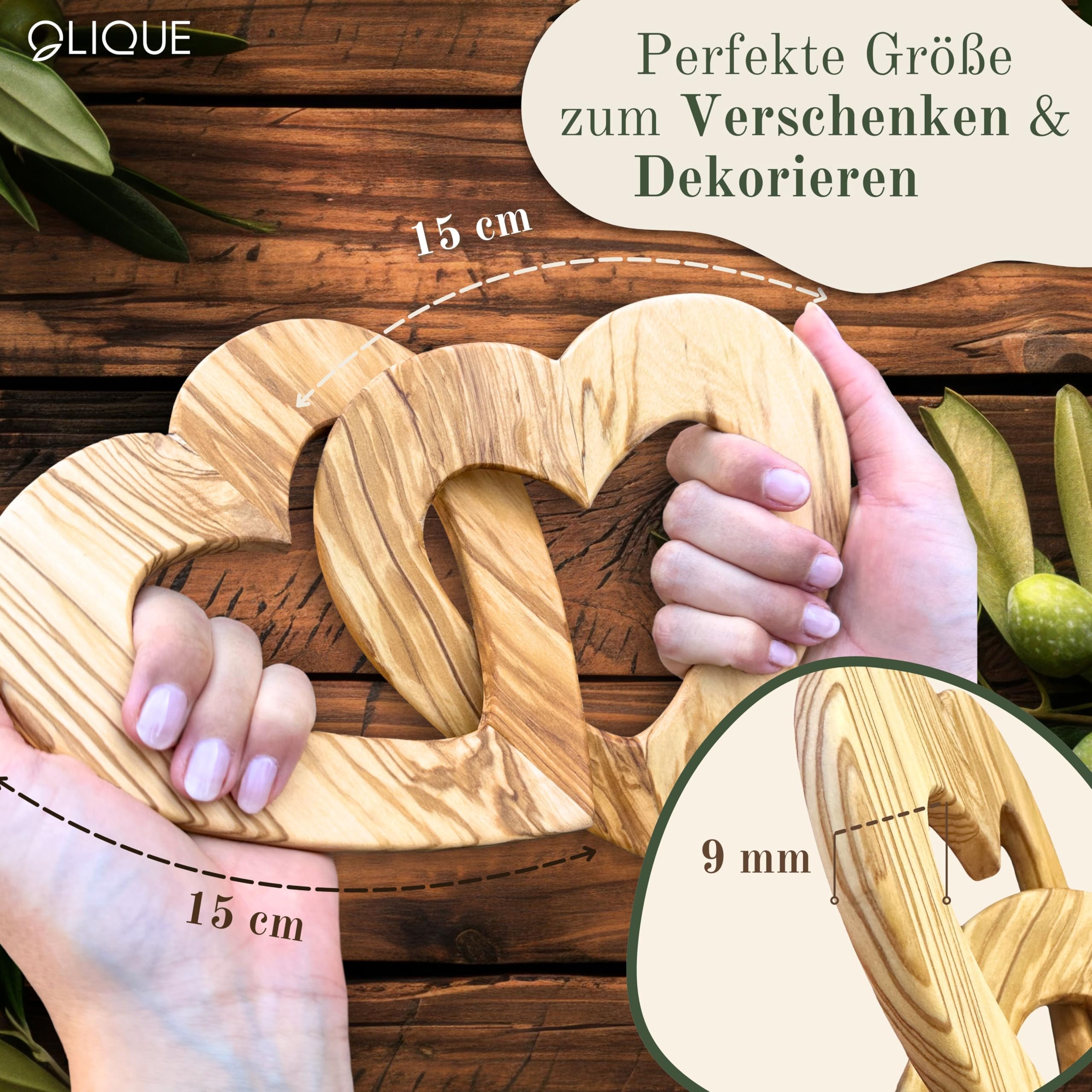 Cuori in legno, legno d'ulivo - Cuori collegati come regalo personalizzato (15 cm)