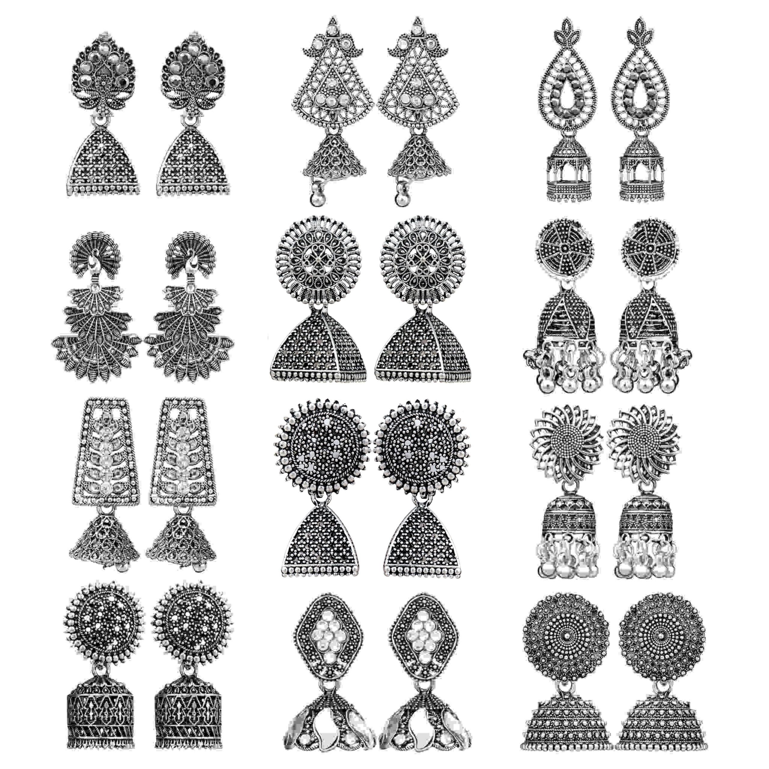 Earring For Women Floral Silver Oxidised Small Jhumki For Women And Girls Pair Of 12-image-14