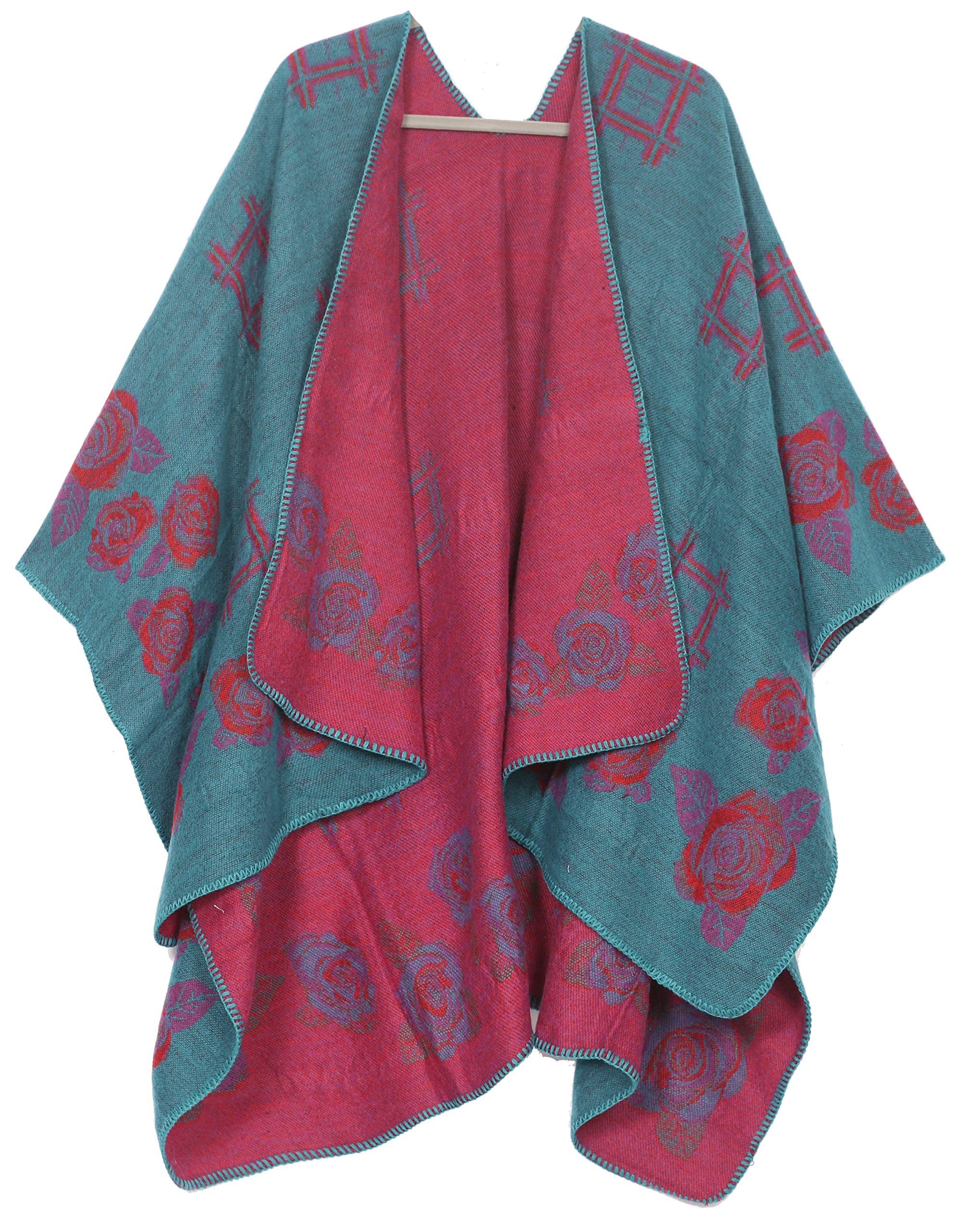 Sakkas 1928 - Lupe Womens Reversible Poncho Wrap Cape Shawl Sweater Coat Cardigan Pattern - RoseRedBlue - OS