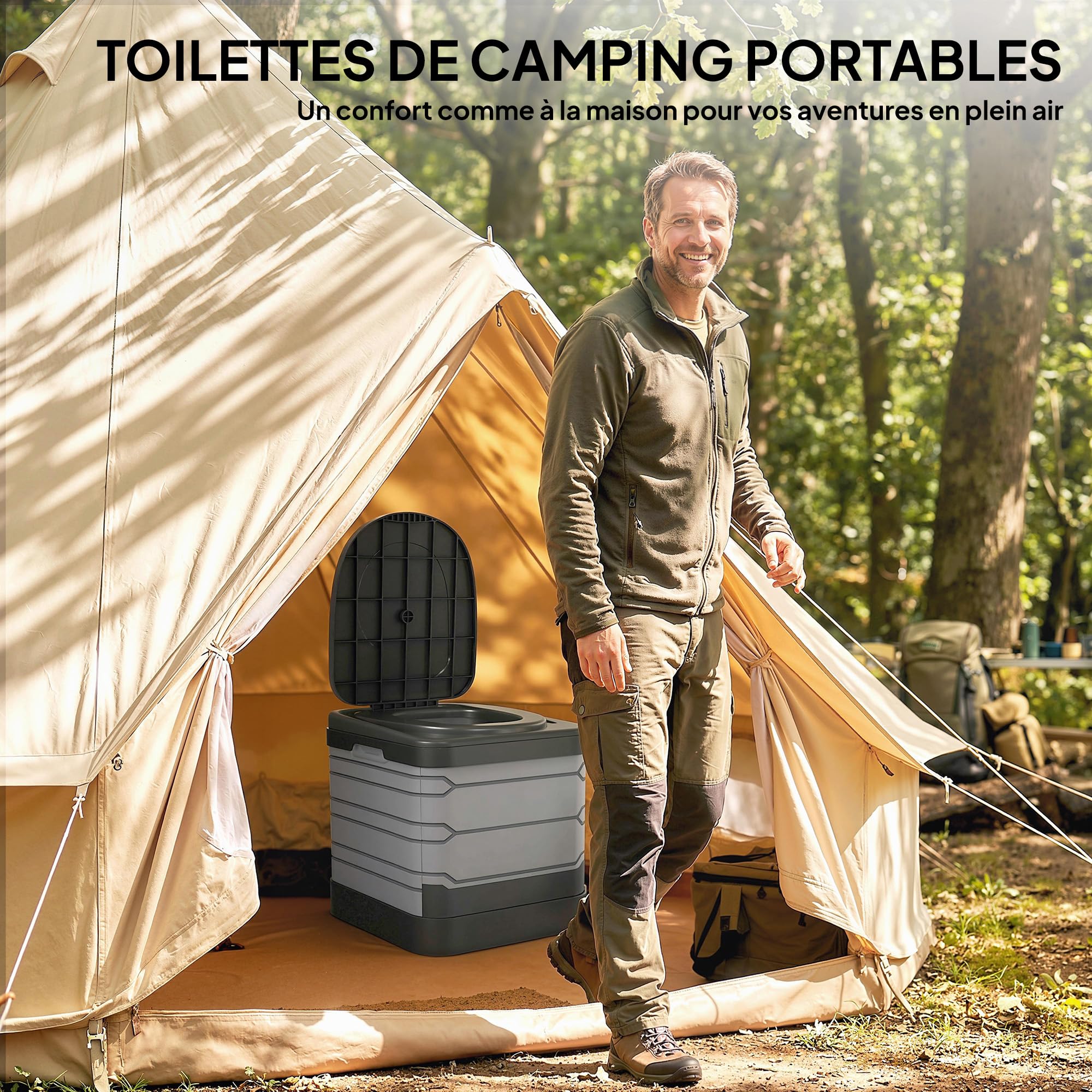 Outsunny Toilette Portable Camping Toilette de Camping pour Hommes et Femmes - Seau Hygiénique pour Voiture avec 12 Sachets Coagulants et 12 Sacs Jetables, Gris