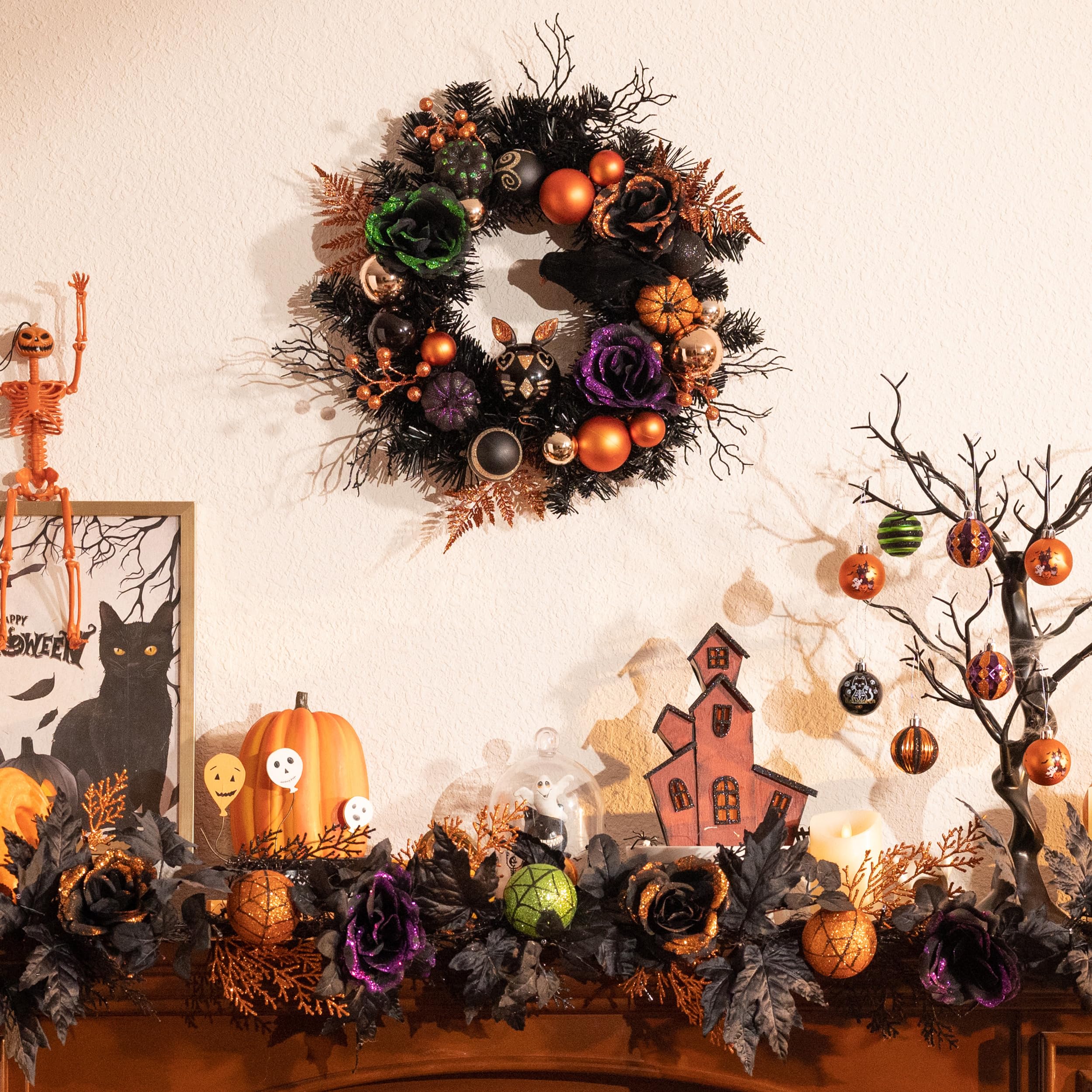 Valery Madelyn Corona de Halloween para puerta delantera con luces, corona de calabaza preiluminada de 24 pulgadas, decoración de Halloween para el hogar, porche, mesa, centro de mesa, ventana