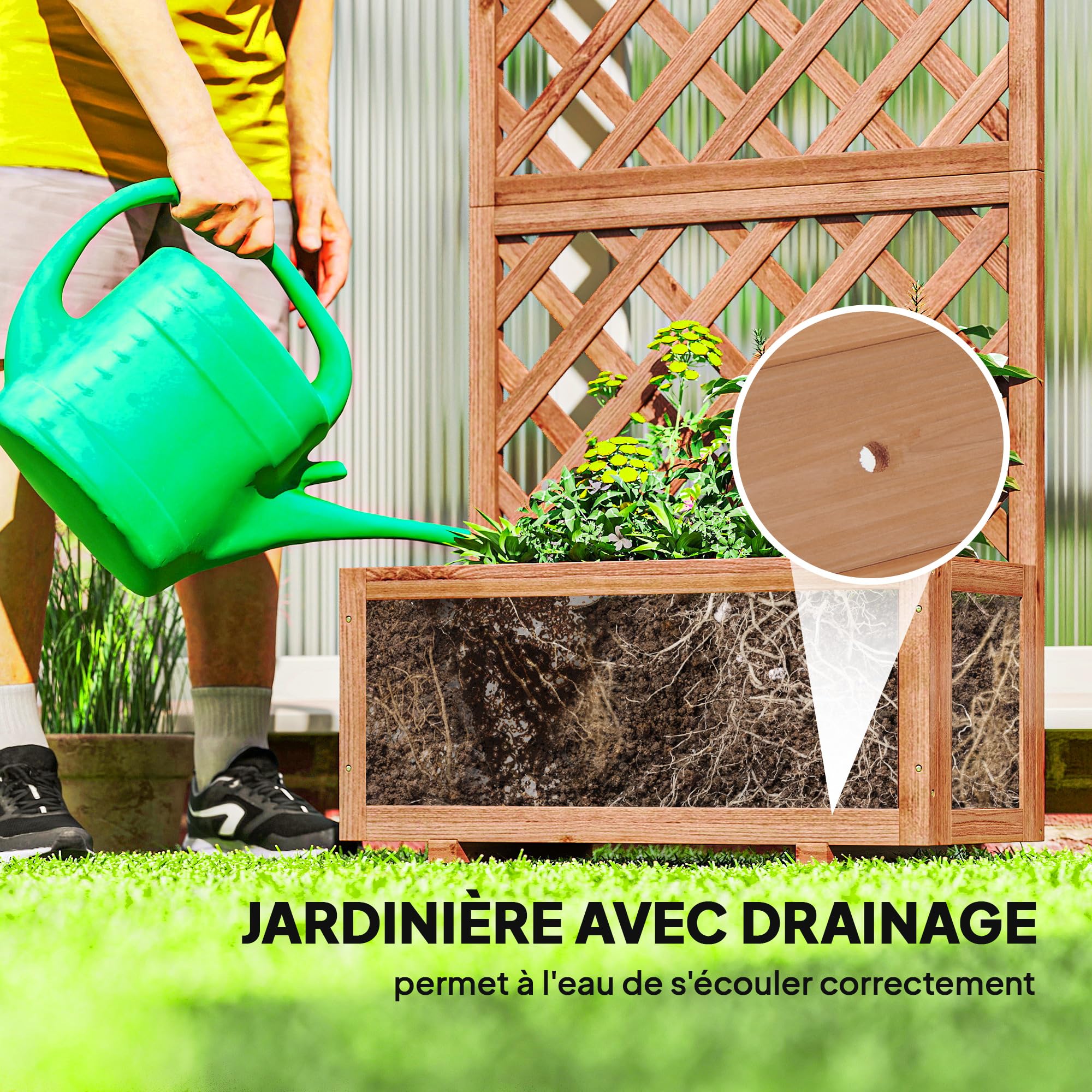 Outsunny Jardinière d'Extérieur avec Épaulière à Grille pour Plantes Grimpantes et Vase, Jardinière en Bois de Sapin Durable, 72,5 x 31,5 x 149,5 cm, Orange