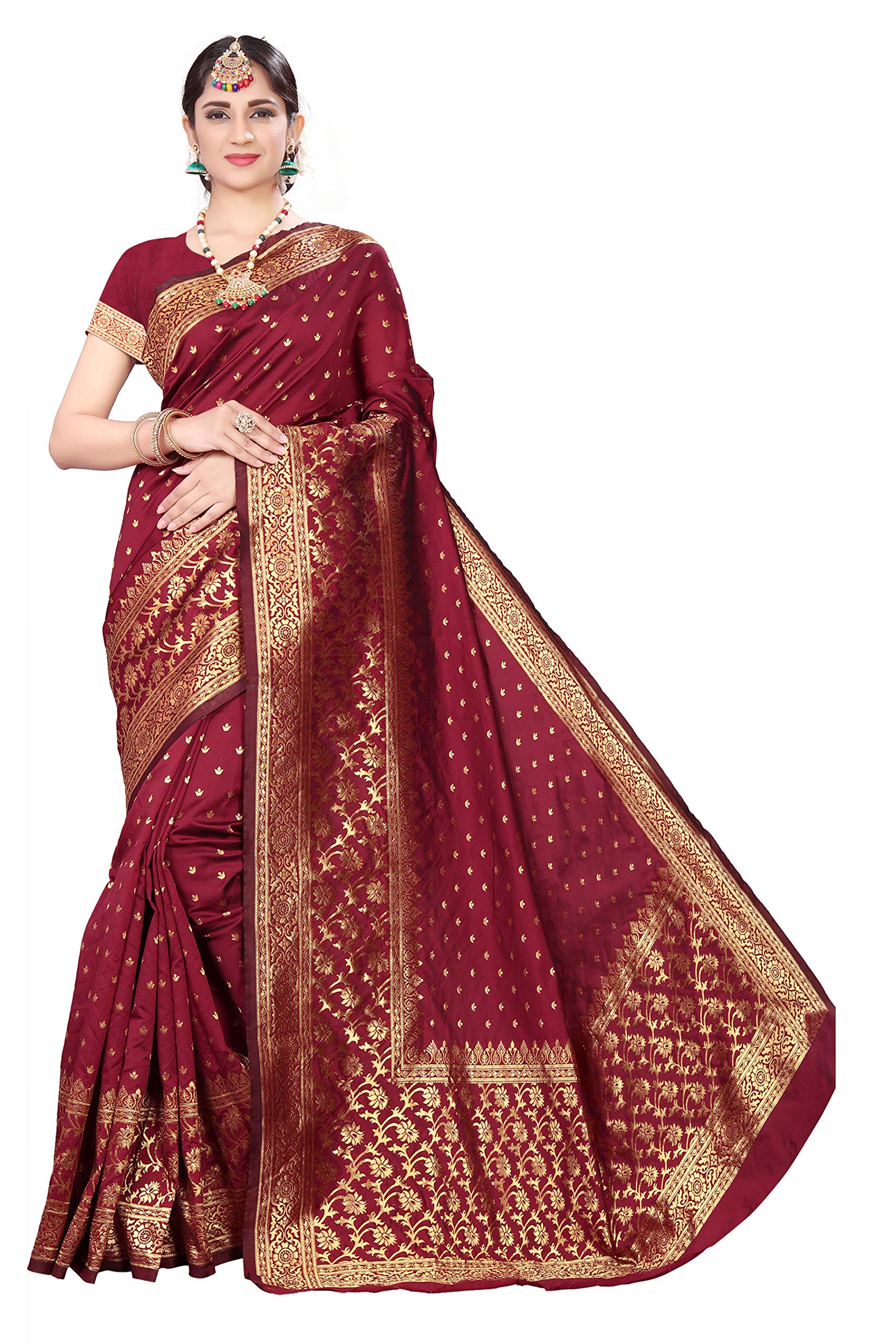 neeahWomen's Woven Jacquard Banarasi Silk Saree With Unstitched Blouse Piece (S025_5.50Meter) (Marroon), Maroon