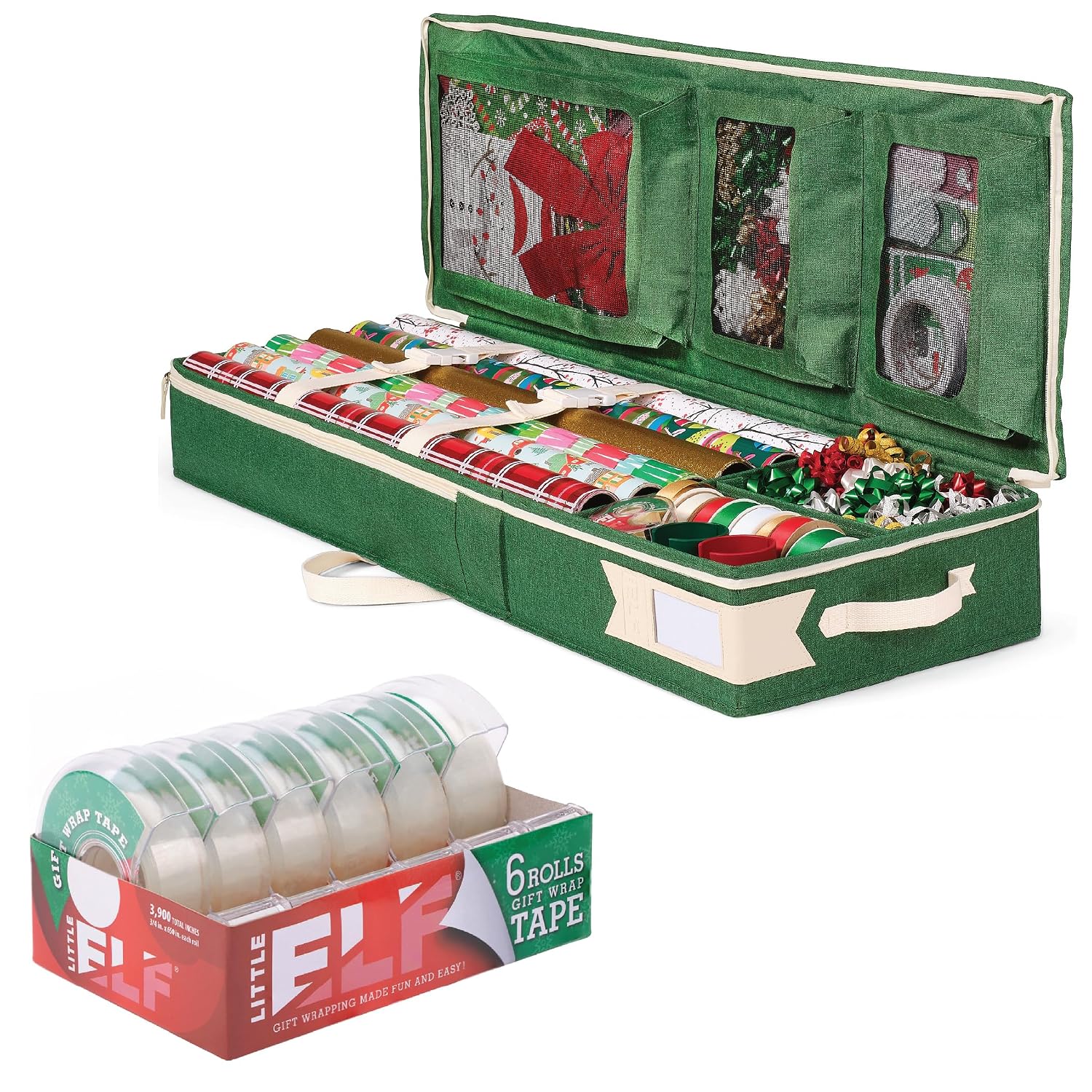 Little ELF Tape Premium Wrapping Paper Storage Organizer, Easy to Carry, Fits 24 Rolls of Wrapping Paper, 6 Individual Pockets for Gift Wrap Supplies, Lightweight and Sturdy