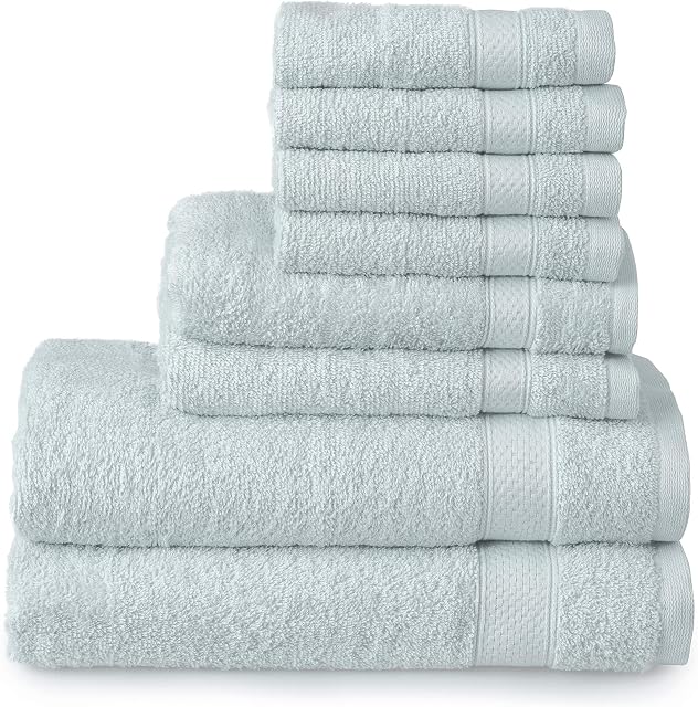 Welhome Basic 100% Cotton Towel (Sky Blue) - 8 Piece Set - Quick Dry - Absorbent - Soft - 434 GSM - Machine Washable - 2 Bath - 2 Hand - 4 Wash Towels