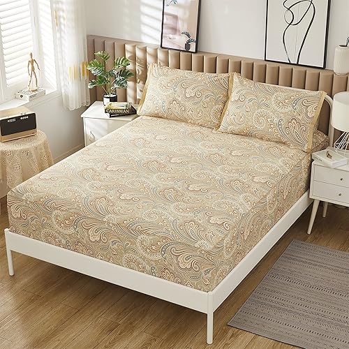 Miniatura 4 de ABREEZE Juego de sábanas de lujo 100% algodón natural puro, juego de ropa de cama de 4 piezas con estampado de cachemira dorada, calidad de hotel,