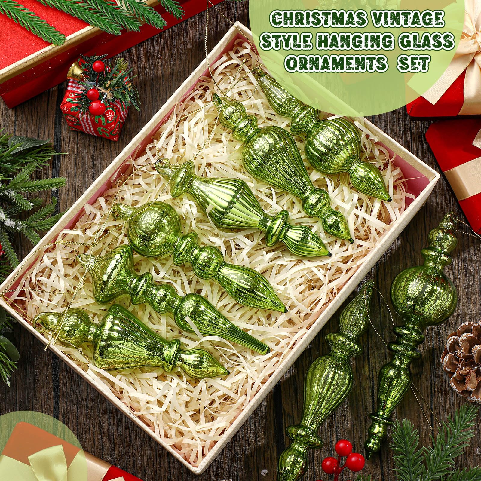 Mifoci 8 decorazioni natalizie in vetro mercurio da 15,2 cm, da appendere, decorazioni assortite per albero di Natale (verde fresco)