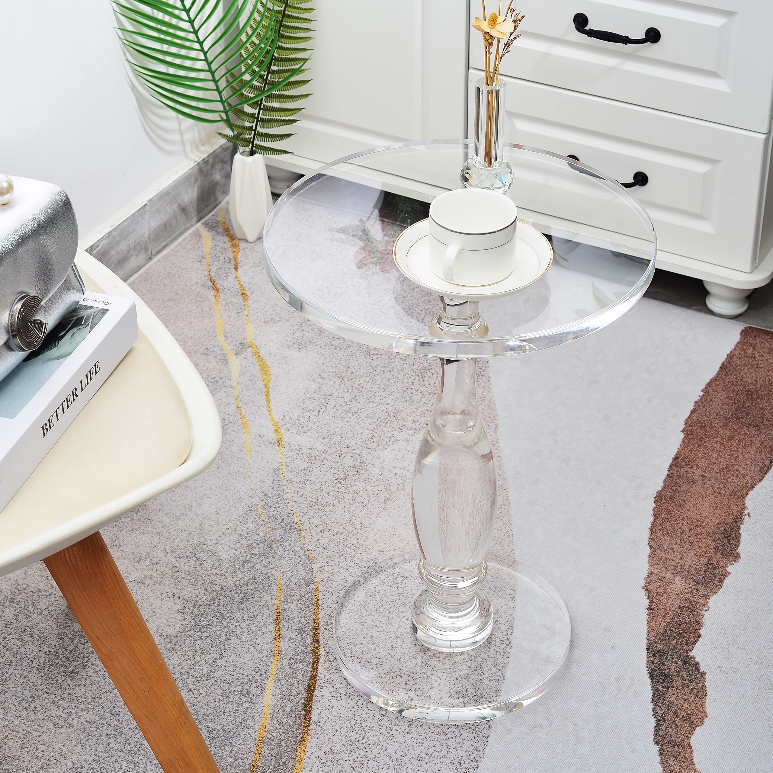 CHENQIAN Clear Acrylic Eed Table，Small Round Acrylic Side Table，Modern Bedside Table，Solid Column Crystal Coffee Table for Living Room, Bedroom and Balcony(13.58x13.58x19.5 inches)