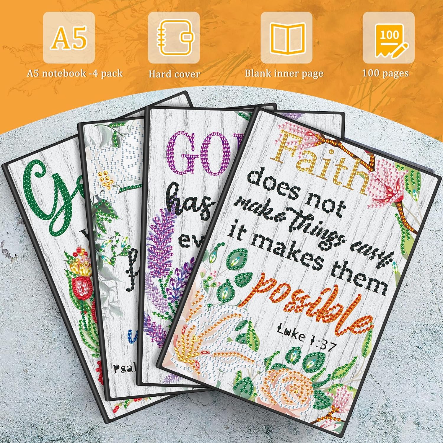 Ctosree 4 Pack A5 Bible Diamond Painting Notebook Christian Diamond Art Notebook, God is Within Her She Will Not Fall Inspirational Quotes Journal Leather Sketchbook with Tools for Gift